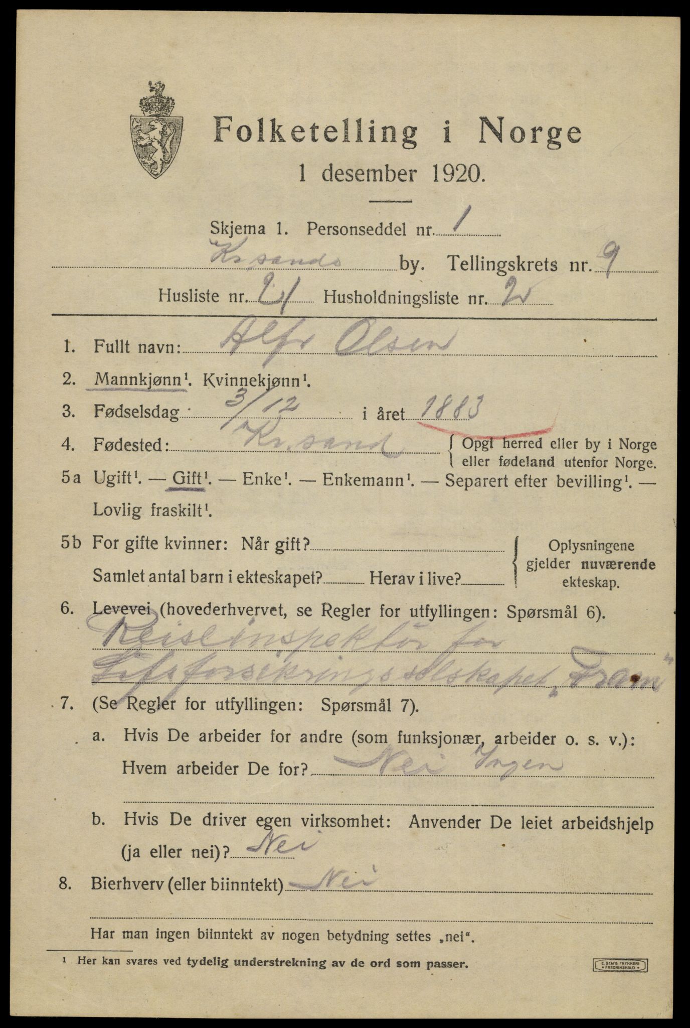 SAK, 1920 census for Kristiansand, 1920, p. 22883
