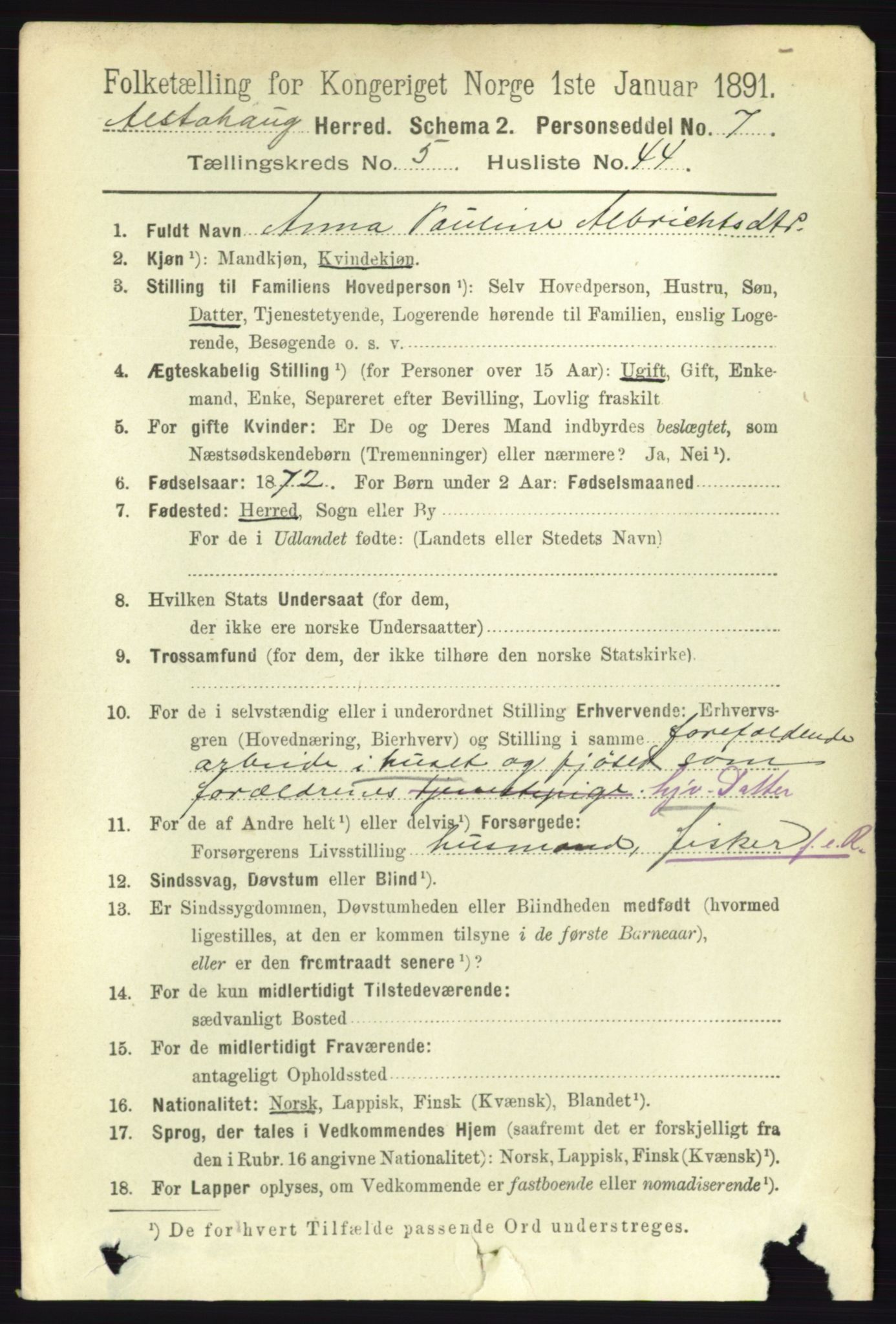 RA, 1891 census for 1820 Alstahaug, 1891, p. 2042