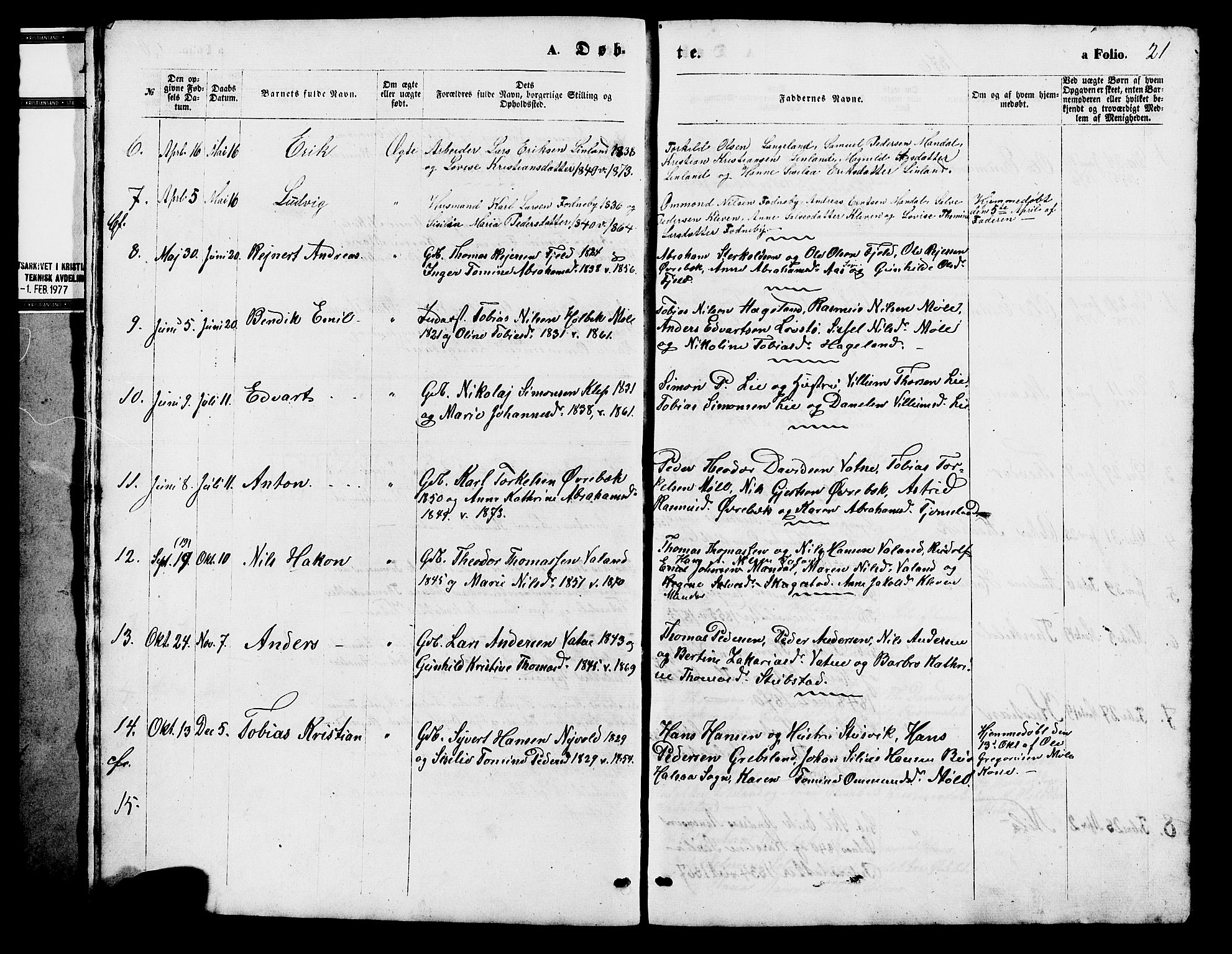 Holum sokneprestkontor, SAK/1111-0022/F/Fb/Fba/L0004: Parish register (copy) no. B 4, 1867-1890, p. 21