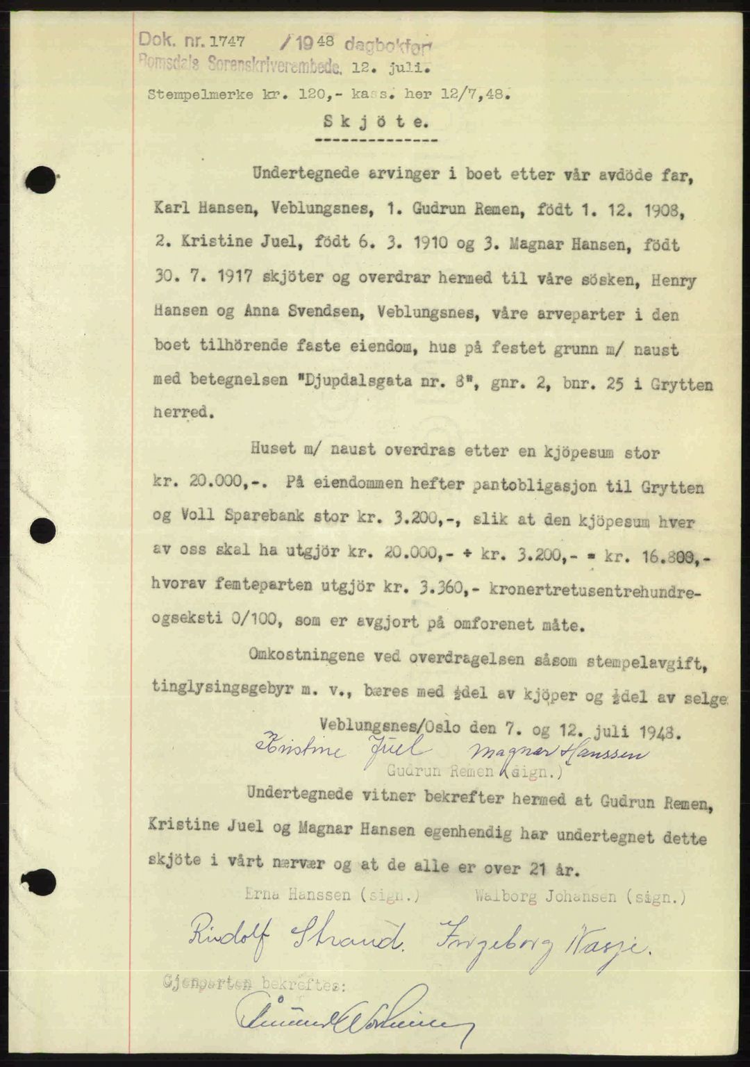 Romsdal sorenskriveri, AV/SAT-A-4149/1/2/2C: Mortgage book no. A26, 1948-1948, Diary no: : 1747/1948