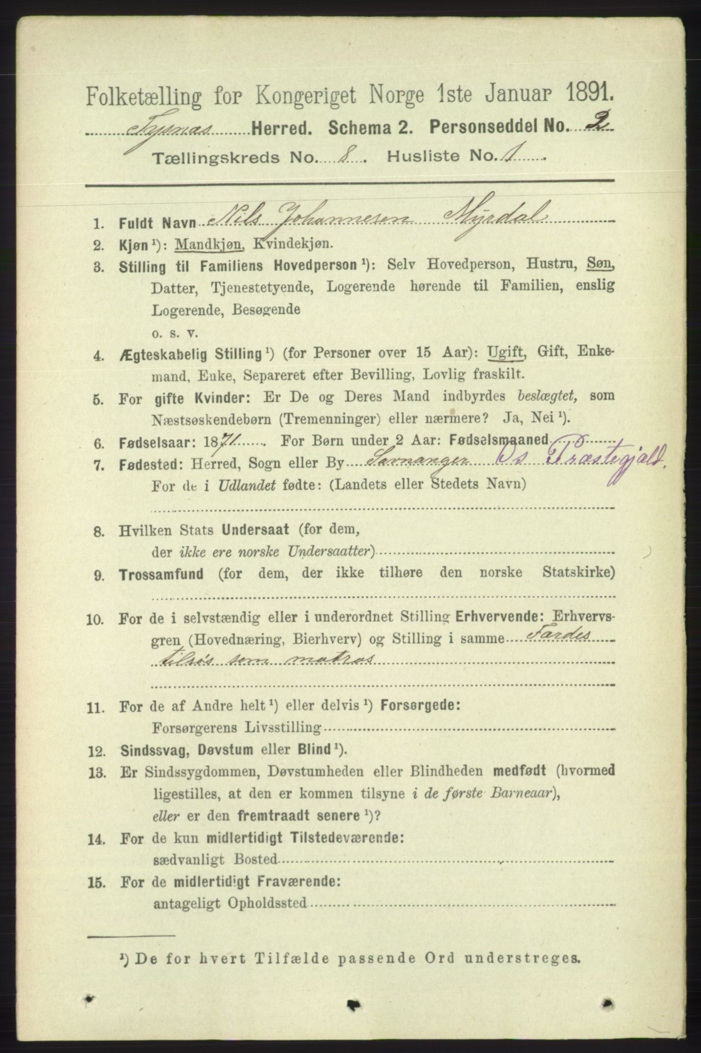 RA, 1891 census for 1223 Tysnes, 1891, p. 3659