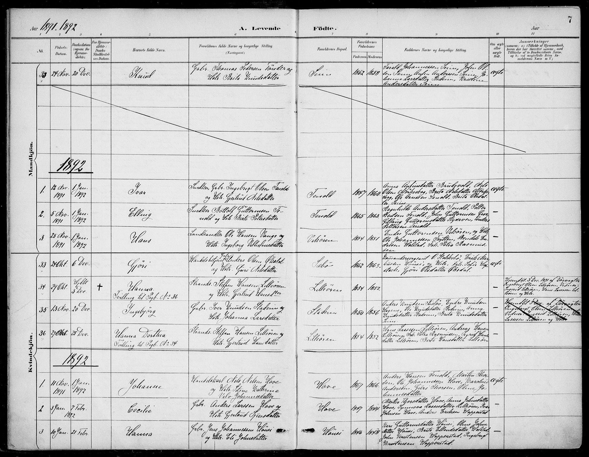 Vik sokneprestembete, AV/SAB-A-81501/H/Haa/Haab/L0002: Parish register (official) no. B  2, 1891-1907, p. 7