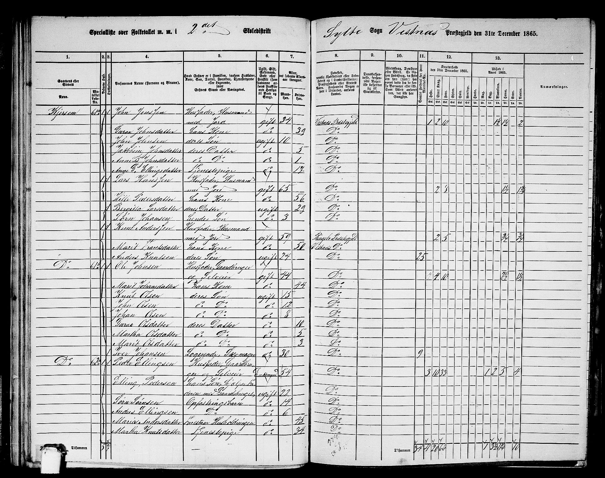 RA, 1865 census for Vestnes, 1865, p. 44