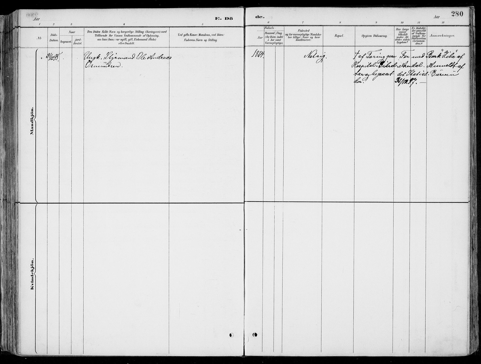 Øyestad sokneprestkontor, AV/SAK-1111-0049/F/Fa/L0017: Parish register (official) no. A 17, 1887-1896, p. 280