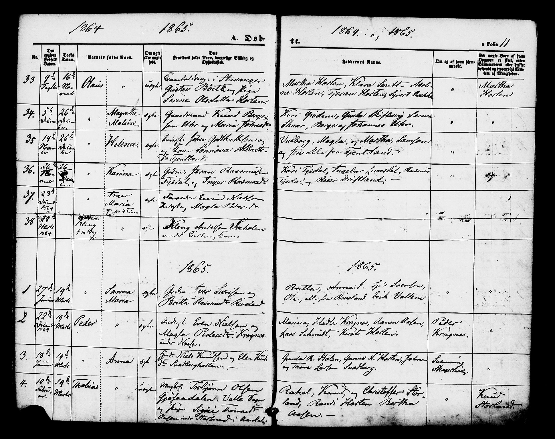 Hjelmeland sokneprestkontor, AV/SAST-A-101843/01/IV/L0012: Parish register (official) no. A 12, 1862-1886, p. 11