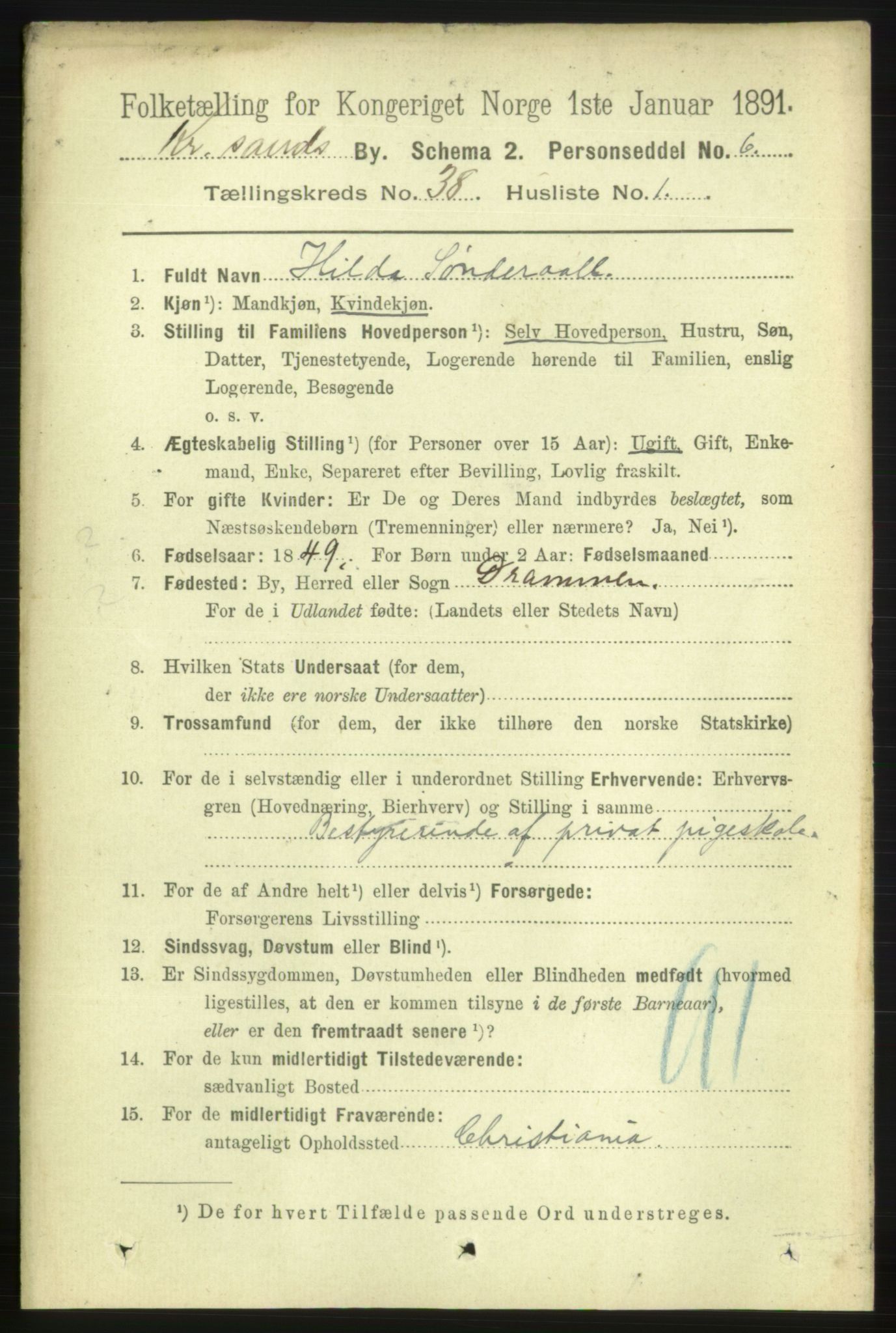 RA, 1891 census for 1001 Kristiansand, 1891, p. 12173