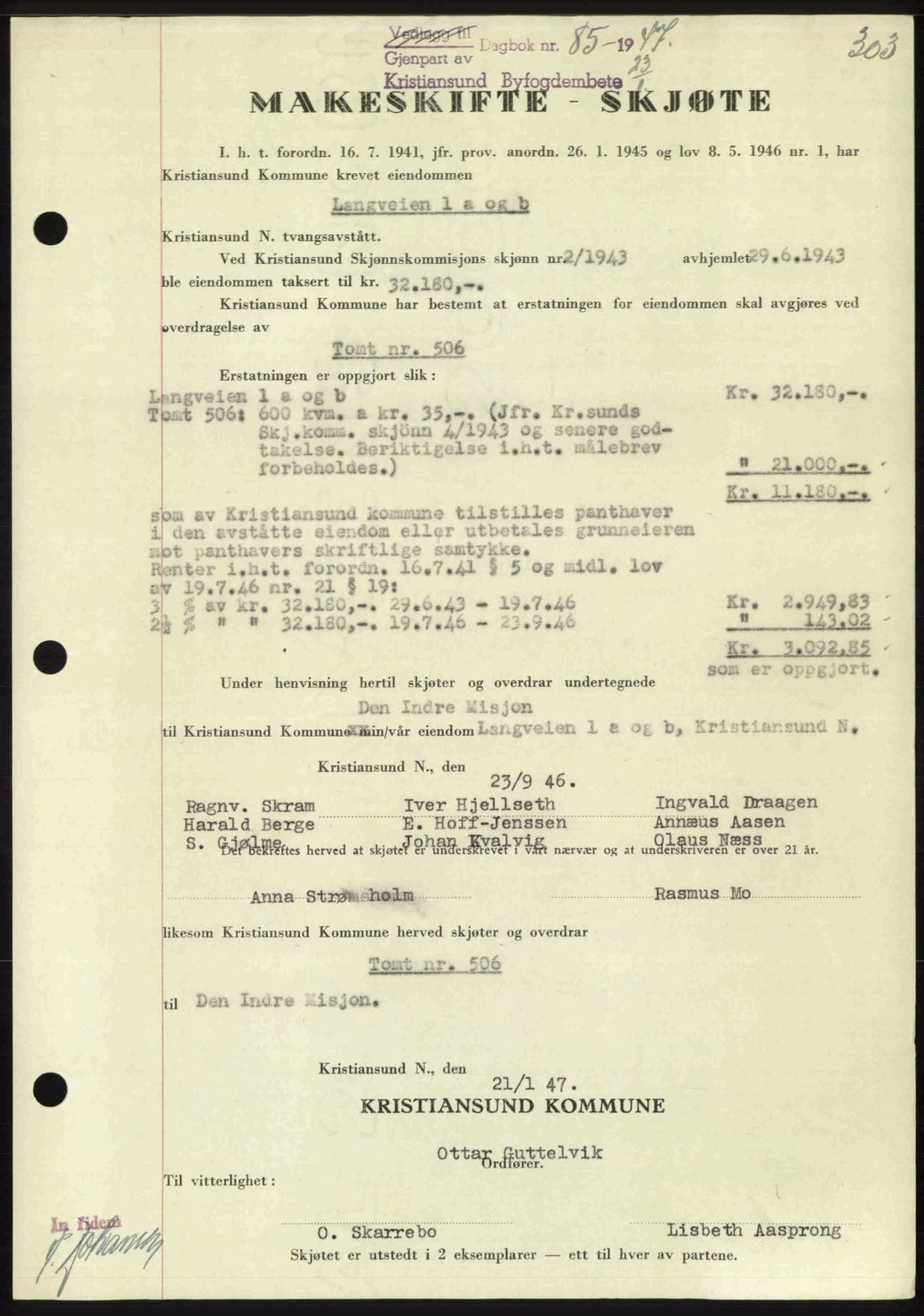 Kristiansund byfogd, AV/SAT-A-4587/A/27: Mortgage book no. 39b, 1946-1947, Diary no: : 85/1947