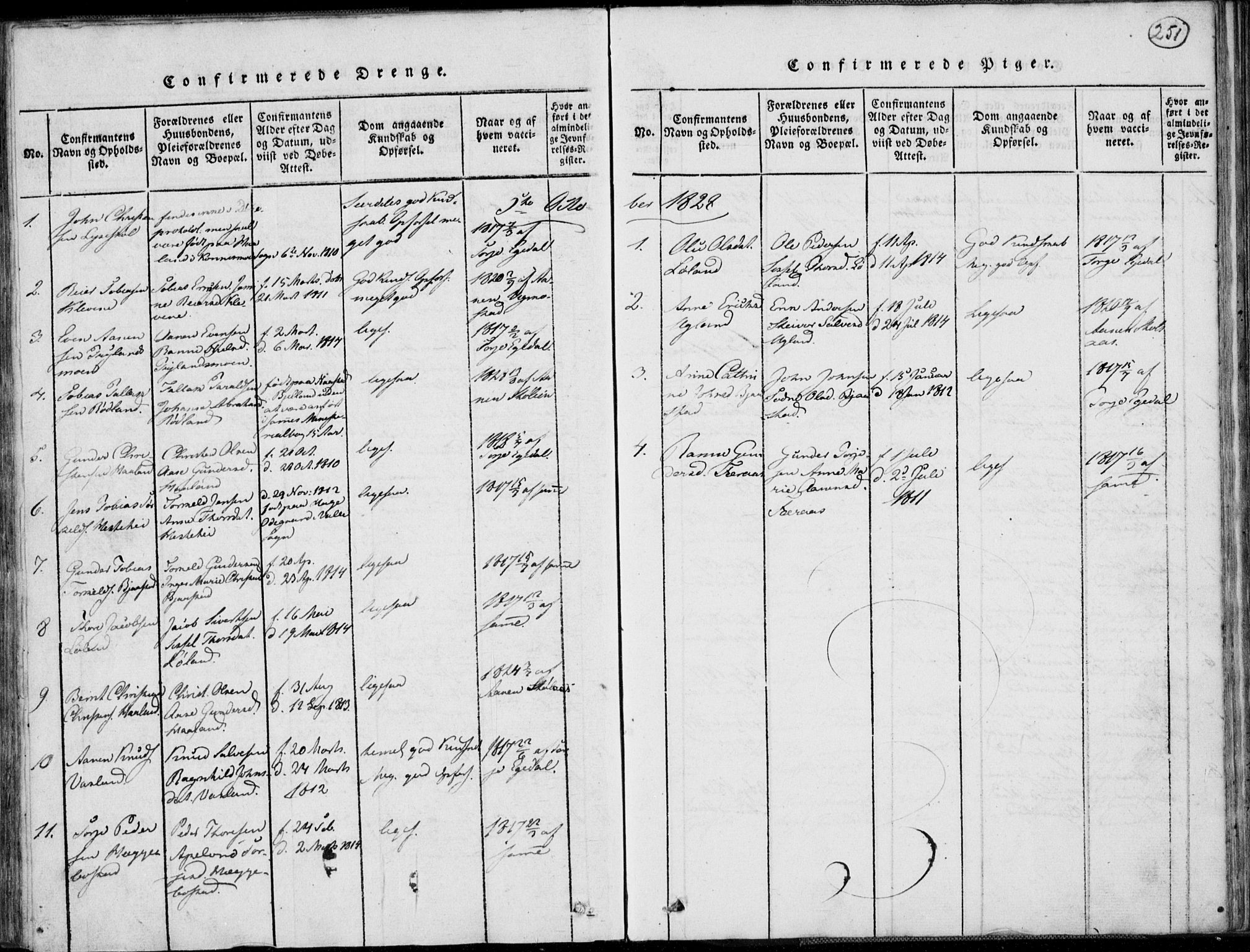 Nord-Audnedal sokneprestkontor, SAK/1111-0032/F/Fb/Fbb/L0001: Parish register (copy) no. B 1, 1816-1858, p. 251