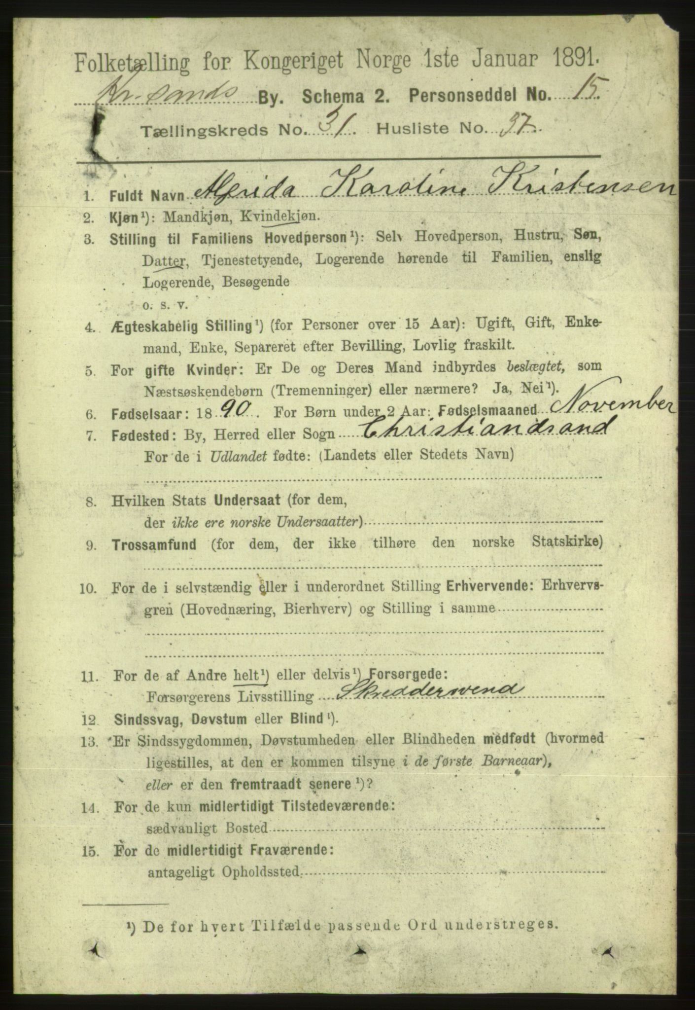 RA, 1891 census for 1001 Kristiansand, 1891, p. 10084