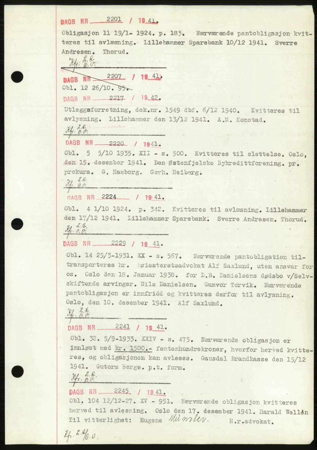 Sør-Gudbrandsdal tingrett, SAH/TING-004/H/Hb/Hbf/L0002: Mortgage book no. C1, 1938-1951, Diary no: : 2201/1941