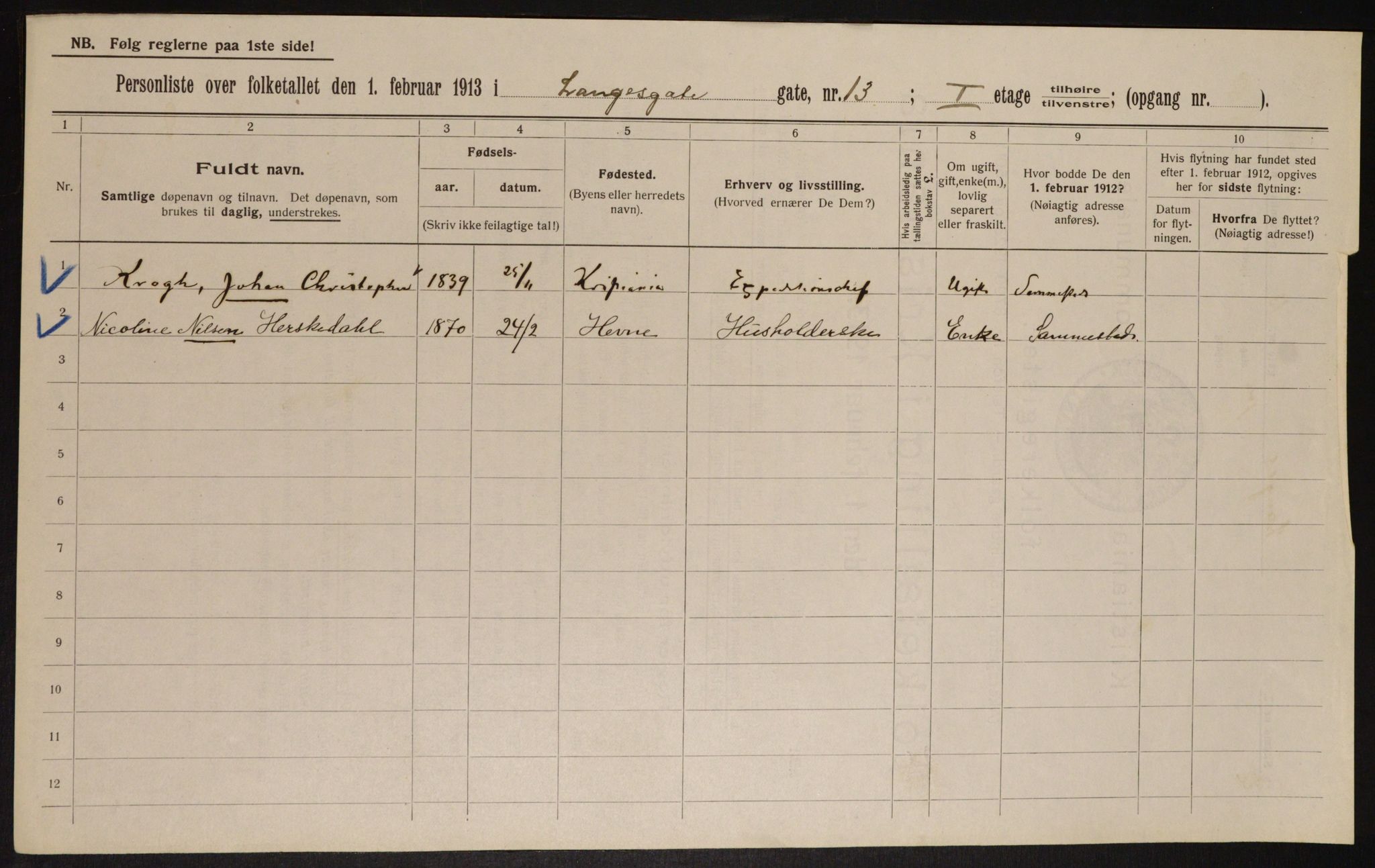 OBA, Municipal Census 1913 for Kristiania, 1913, p. 56158