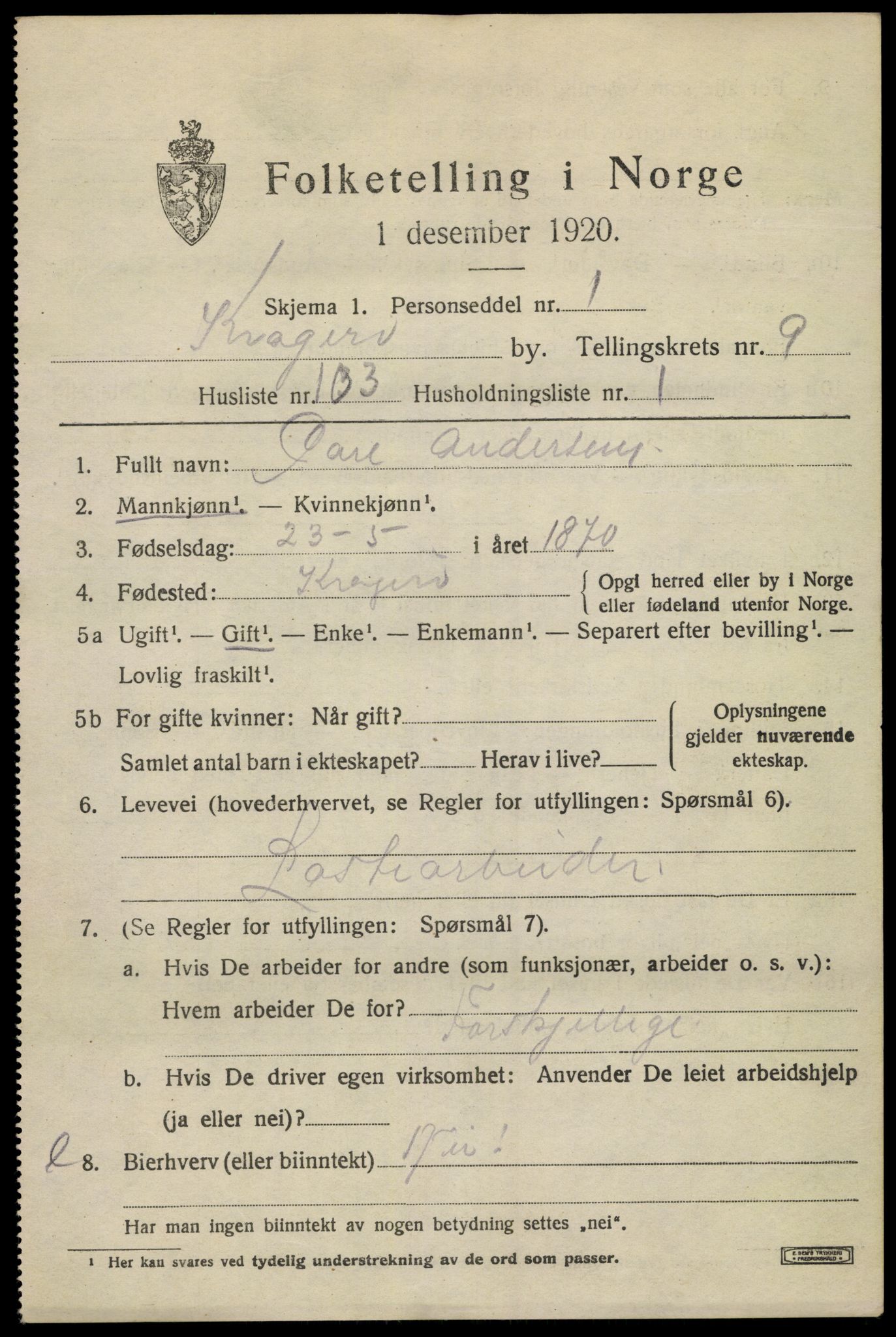 SAKO, 1920 census for Kragerø, 1920, p. 13013