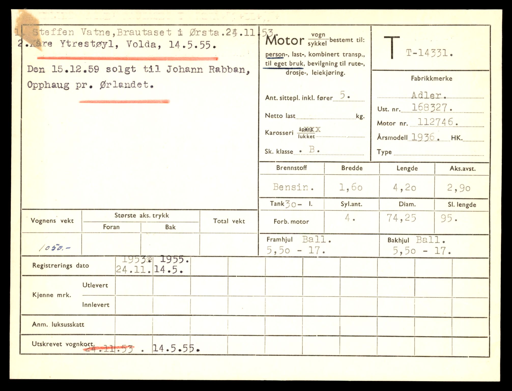 Møre og Romsdal vegkontor - Ålesund trafikkstasjon, AV/SAT-A-4099/F/Fe/L0045: Registreringskort for kjøretøy T 14320 - T 14444, 1927-1998, p. 327