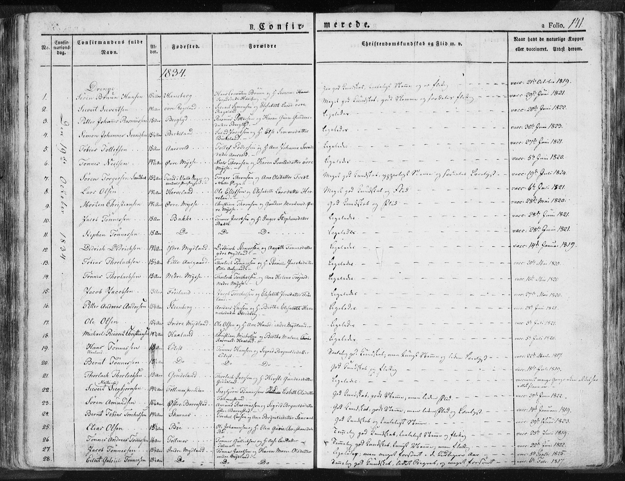 Sokndal sokneprestkontor, SAST/A-101808: Parish register (official) no. A 7.1, 1826-1842, p. 141