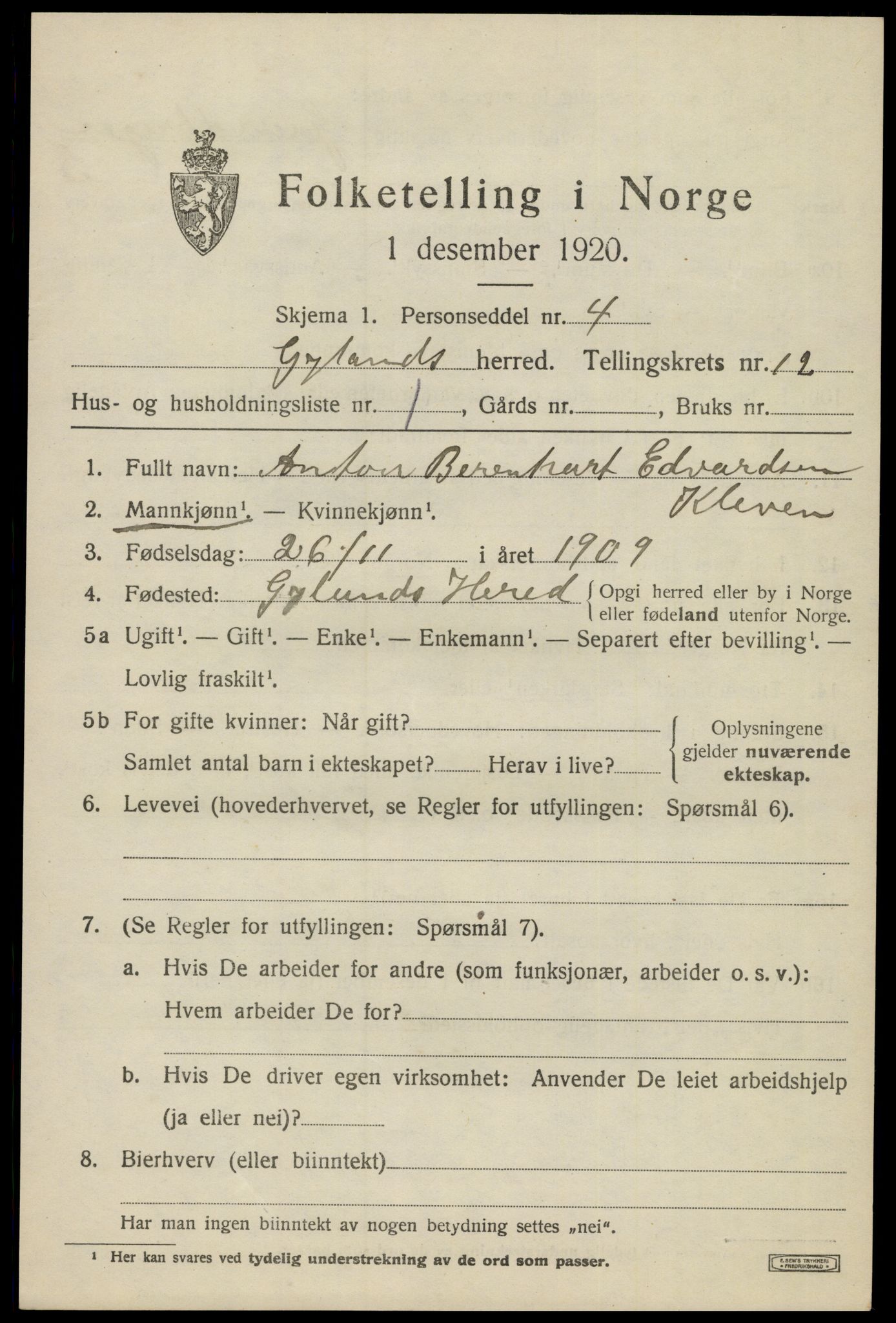 SAK, 1920 census for Gyland, 1920, p. 2428