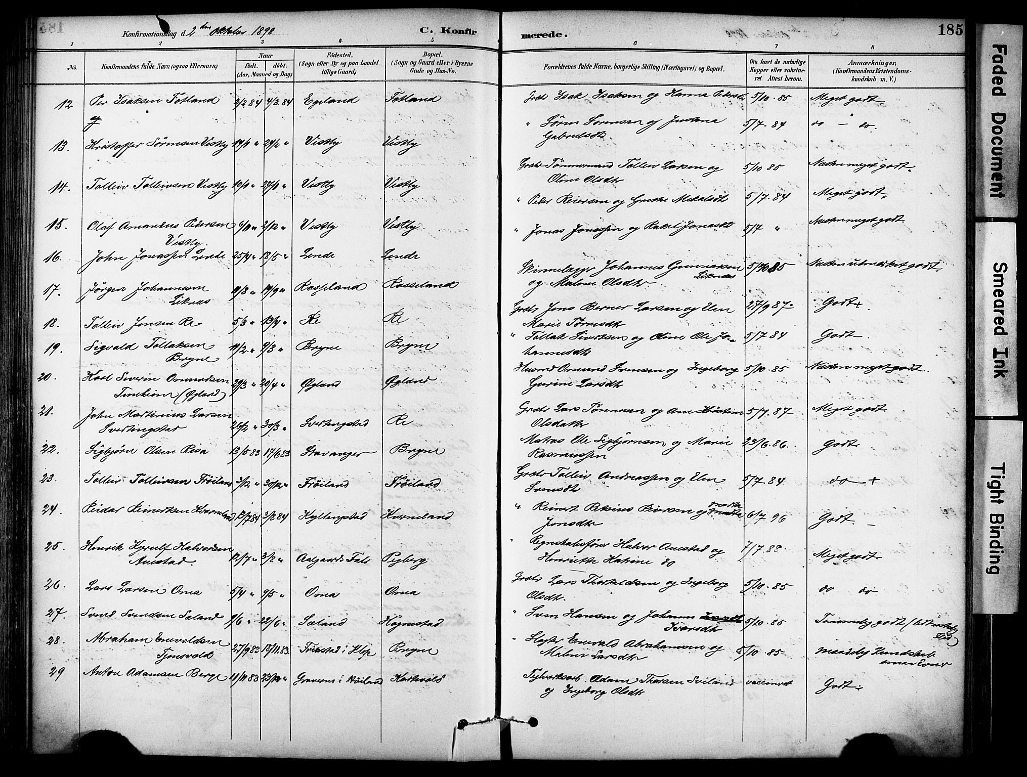 Lye sokneprestkontor, AV/SAST-A-101794/001/30BA/L0011: Parish register (official) no. A 9, 1893-1903, p. 185