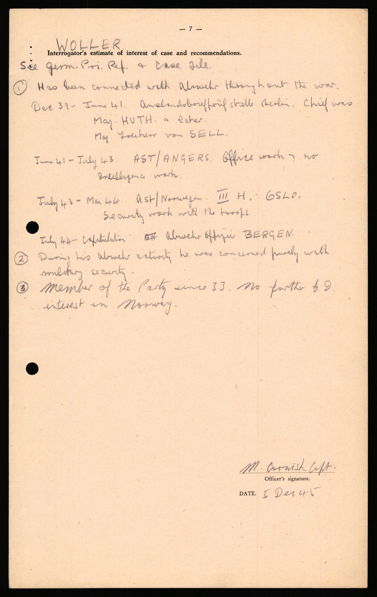 Forsvaret, Forsvarets overkommando II, AV/RA-RAFA-3915/D/Db/L0036: CI Questionaires. Tyske okkupasjonsstyrker i Norge. Tyskere., 1945-1946, p. 443