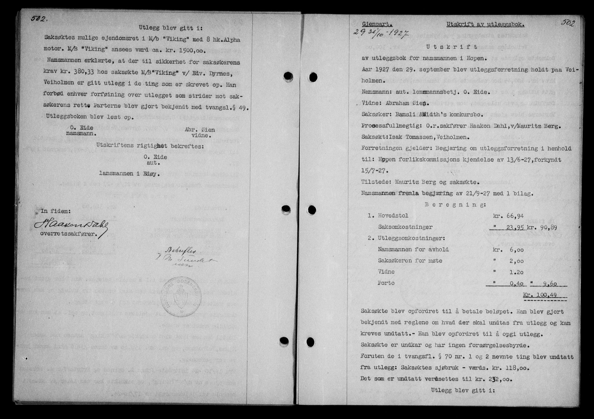 Nordmøre sorenskriveri, AV/SAT-A-4132/1/2/2Ca/L0062: Mortgage book no. 52, 1927-1927, Deed date: 31.10.1927