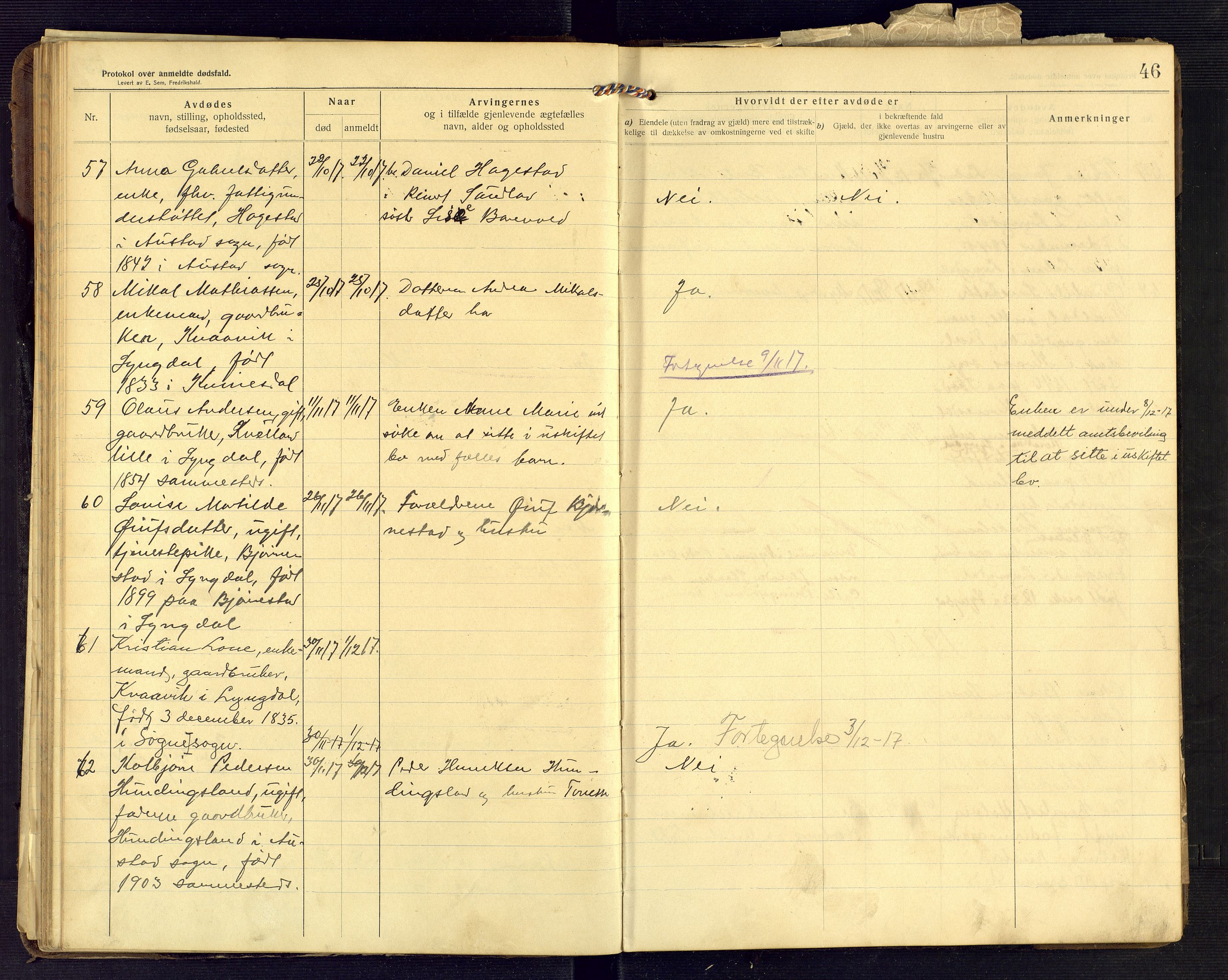 Lyngdal lensmannskontor, AV/SAK-1241-0031/F/Fe/L0001/0003: Dødsfall nr 8 / Dødsfallsprotokoll, 1914-1923, p. 46