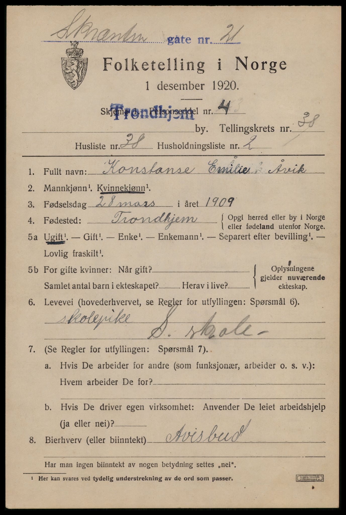 SAT, 1920 census for Trondheim, 1920, p. 87398