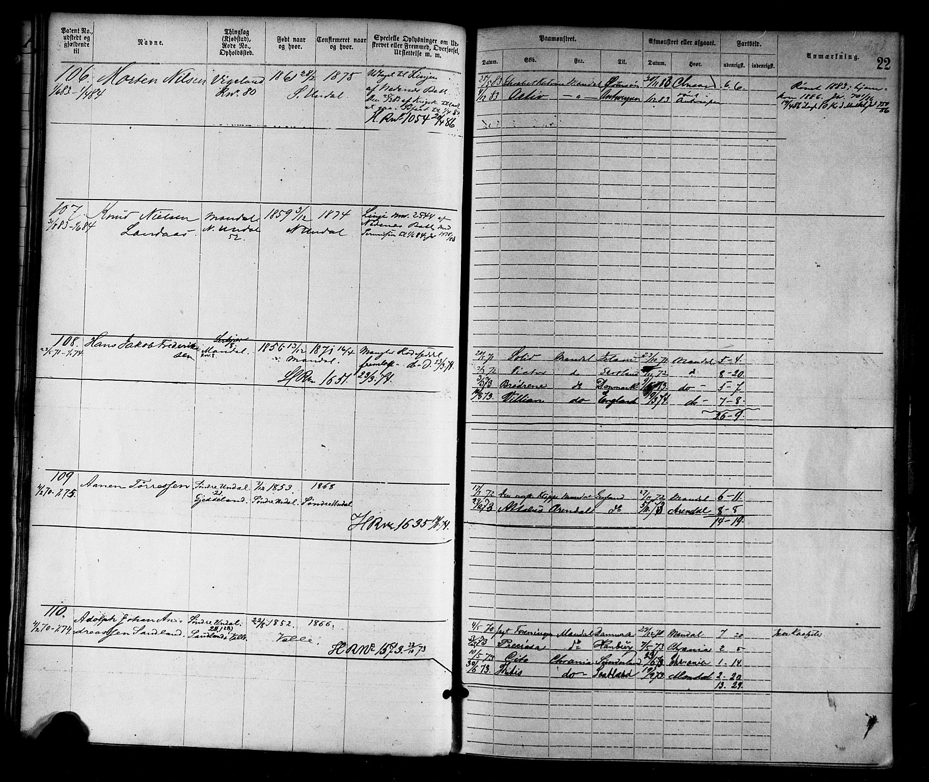 Mandal mønstringskrets, SAK/2031-0016/F/Fa/L0001: Annotasjonsrulle nr 1-1920 med register, L-3, 1869-1881, p. 49