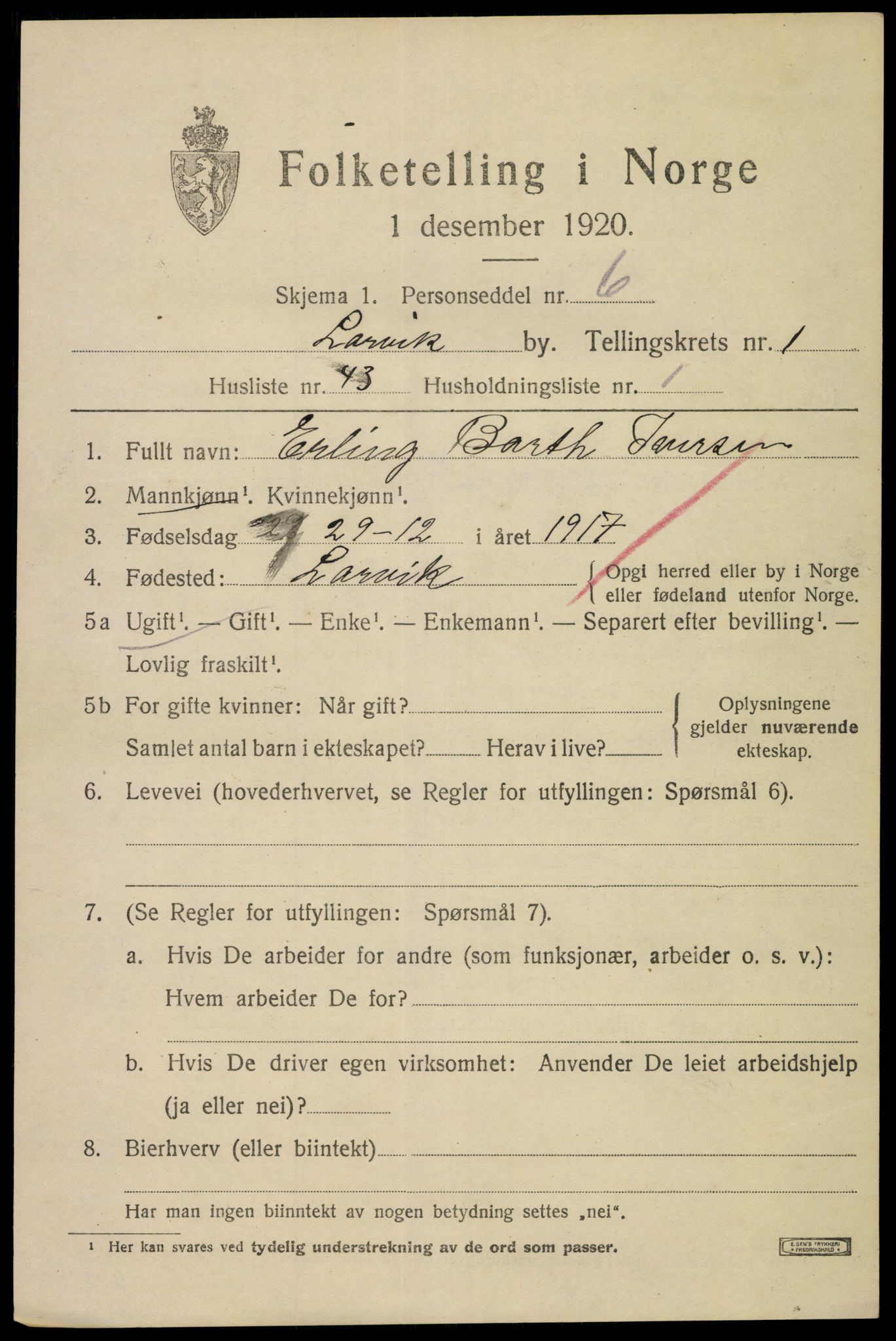 SAKO, 1920 census for Larvik, 1920, p. 9276