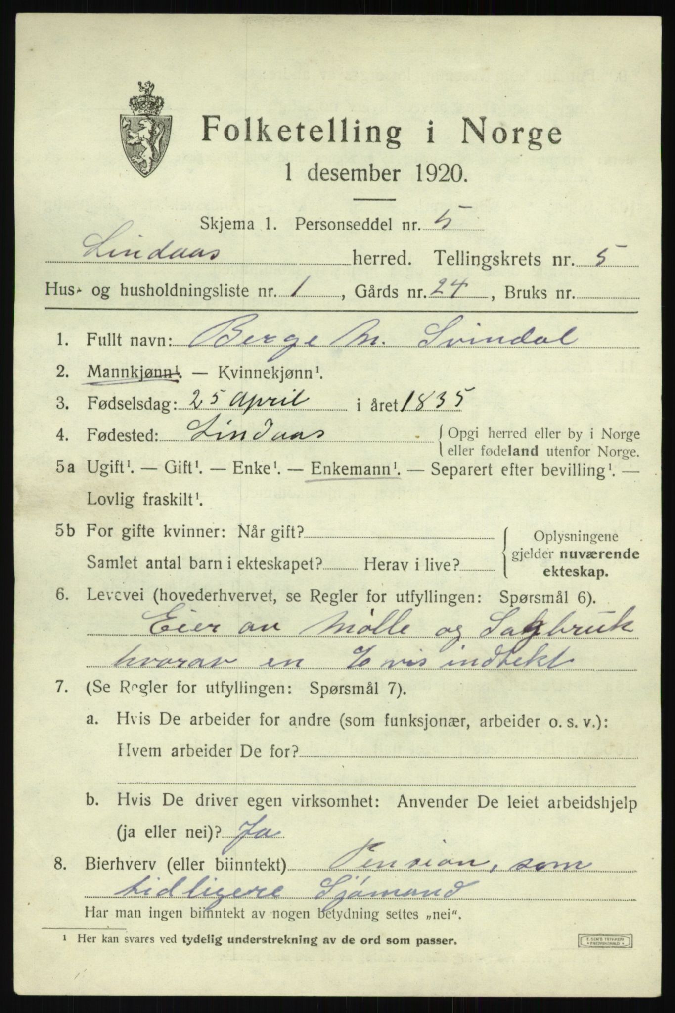 SAB, 1920 census for Lindås, 1920, p. 2839