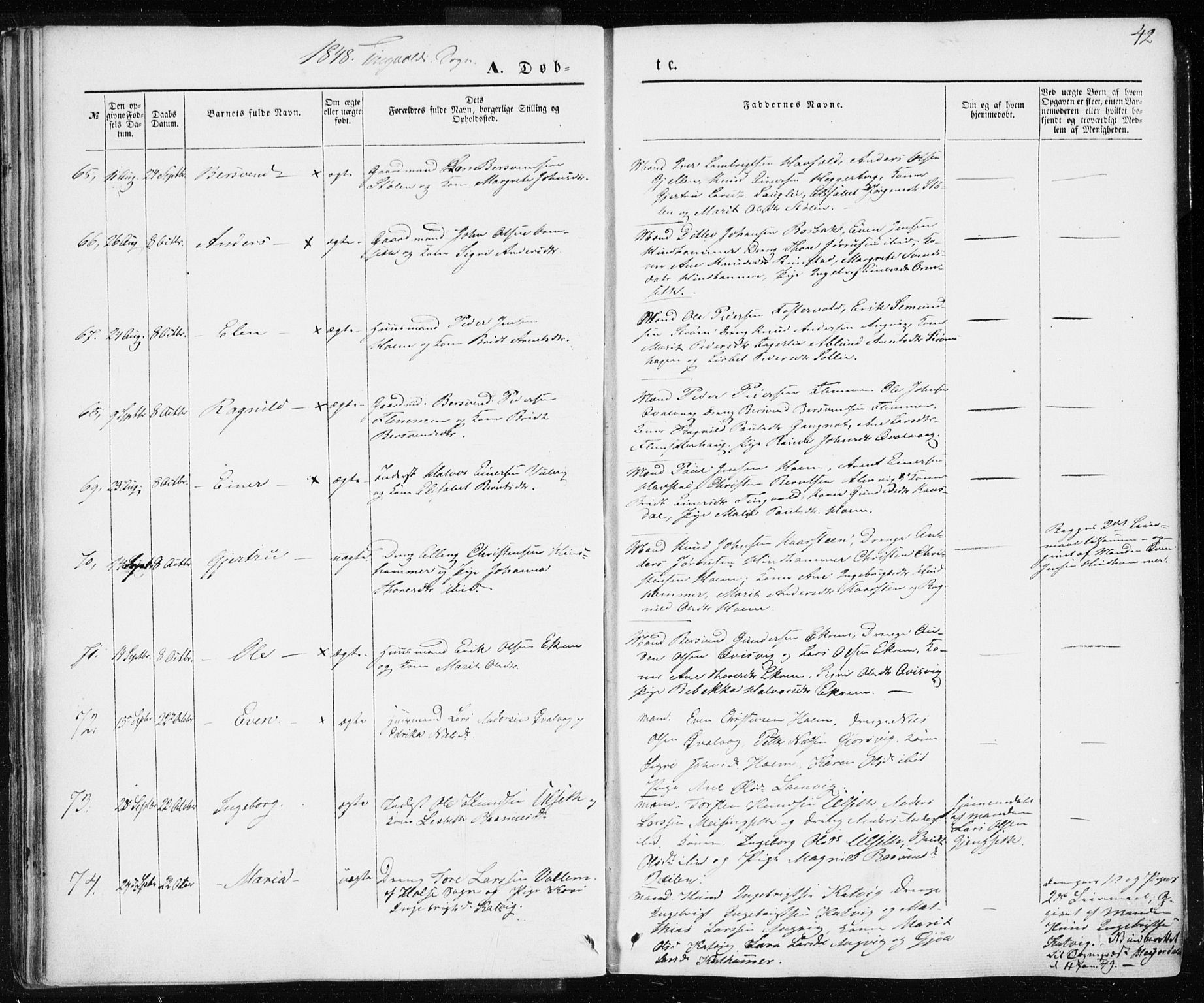 Ministerialprotokoller, klokkerbøker og fødselsregistre - Møre og Romsdal, AV/SAT-A-1454/586/L0984: Parish register (official) no. 586A10, 1844-1856, p. 42