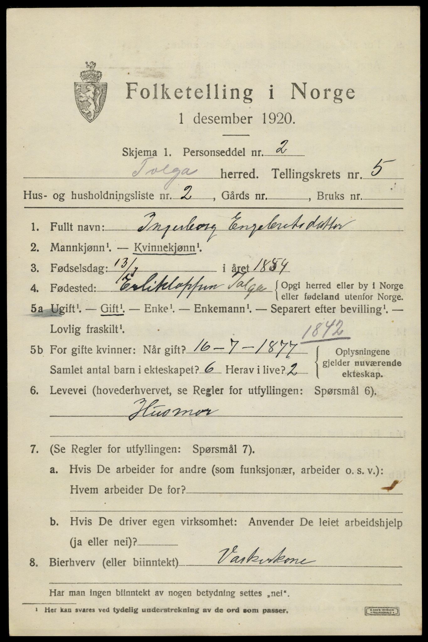 SAH, 1920 census for Tolga, 1920, p. 3211