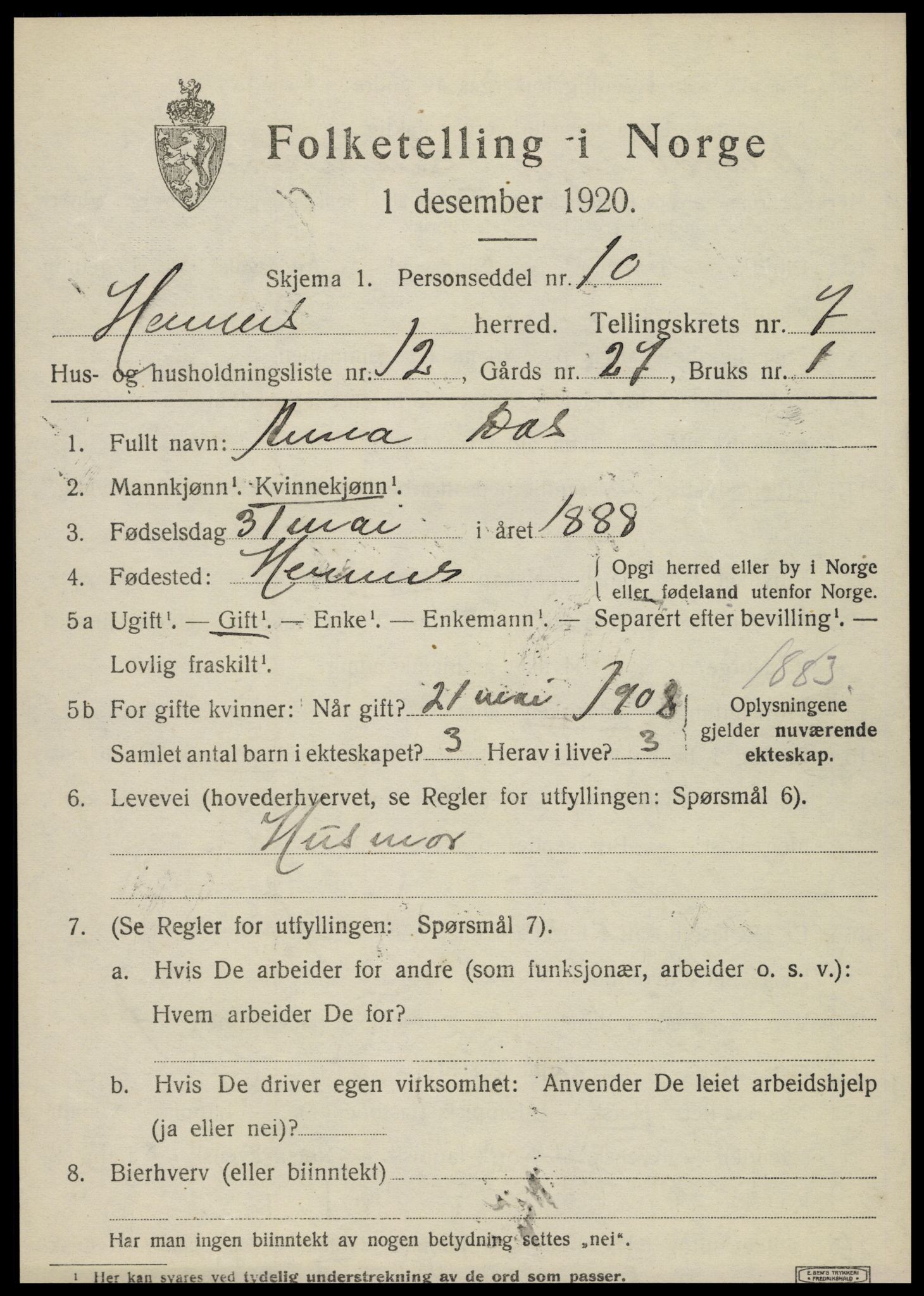 SAT, 1920 census for Hemnes, 1920, p. 7110