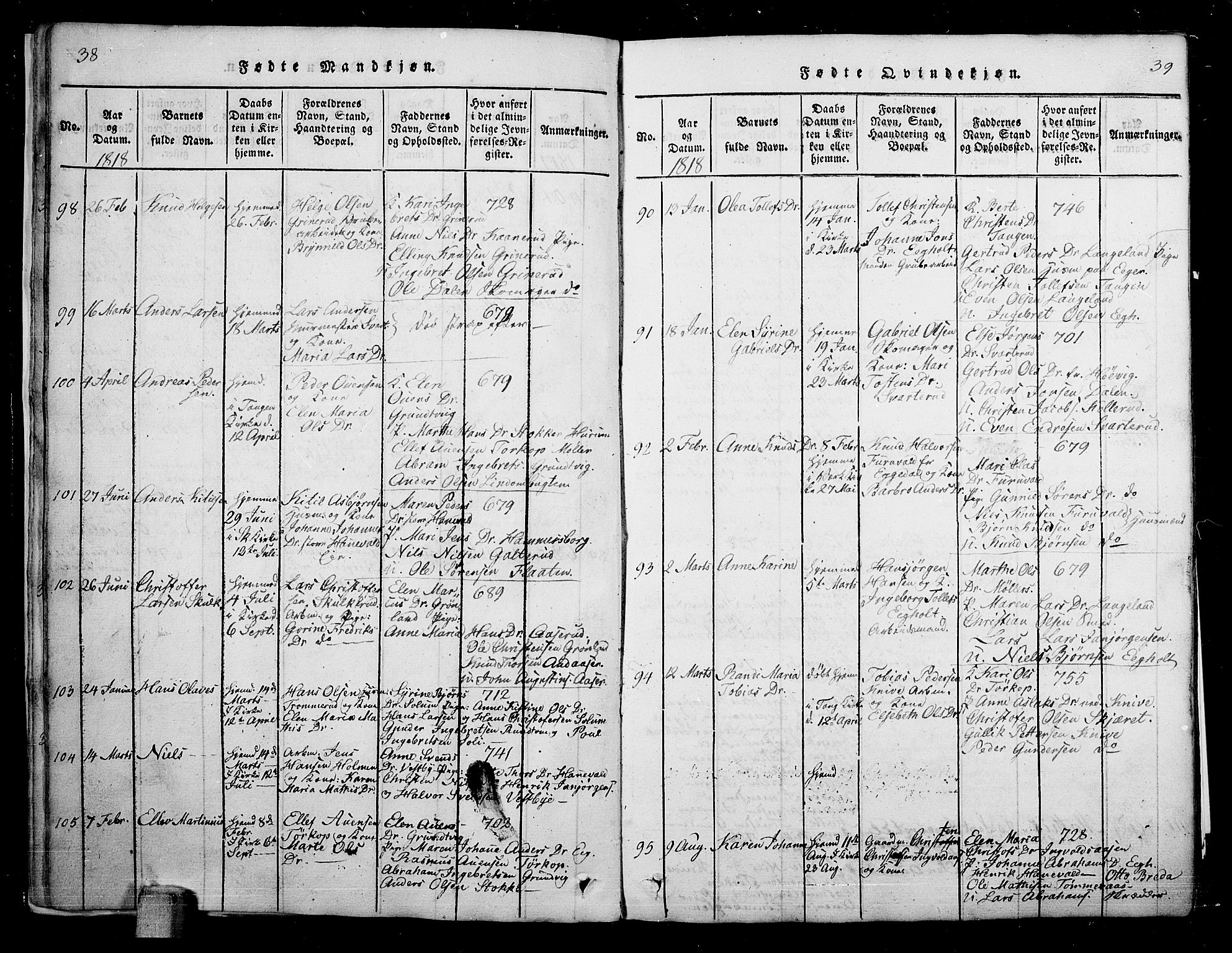 Skoger kirkebøker, AV/SAKO-A-59/G/Ga/L0001: Parish register (copy) no. I 1, 1814-1845, p. 38-39