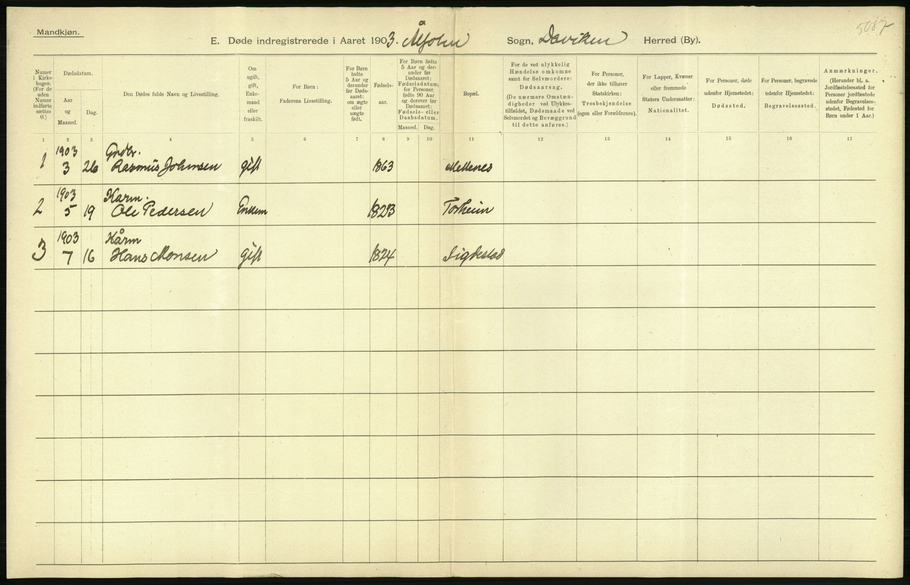 Statistisk sentralbyrå, Sosiodemografiske emner, Befolkning, RA/S-2228/D/Df/Dfa/Dfaa/L0015: Nordre Bergenhus: Fødte, gifte, døde. Bygder, 1903, p. 478