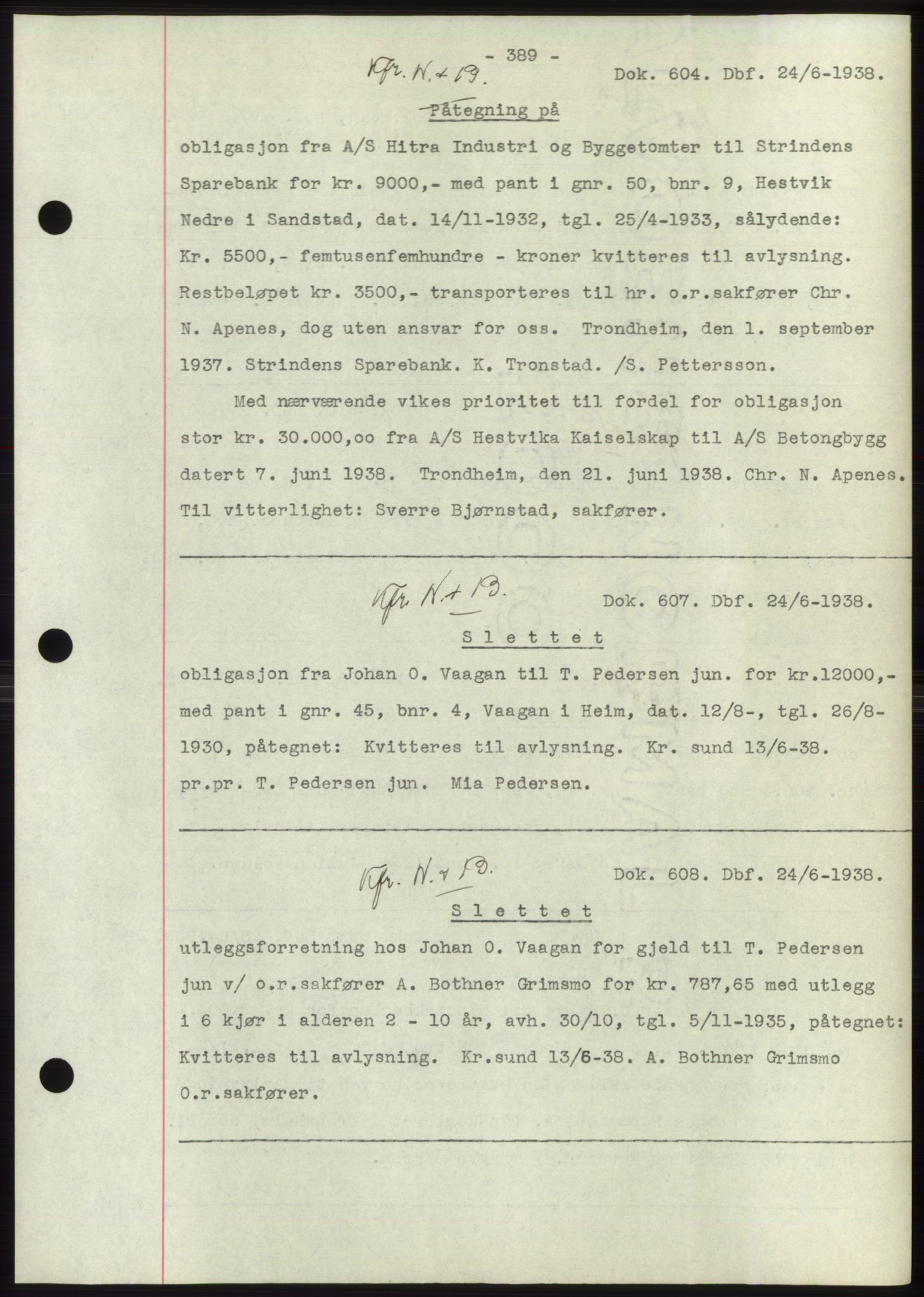 Hitra sorenskriveri, AV/SAT-A-0018/2/2C/2Ca: Mortgage book no. C1, 1936-1945, Diary no: : 604/1938