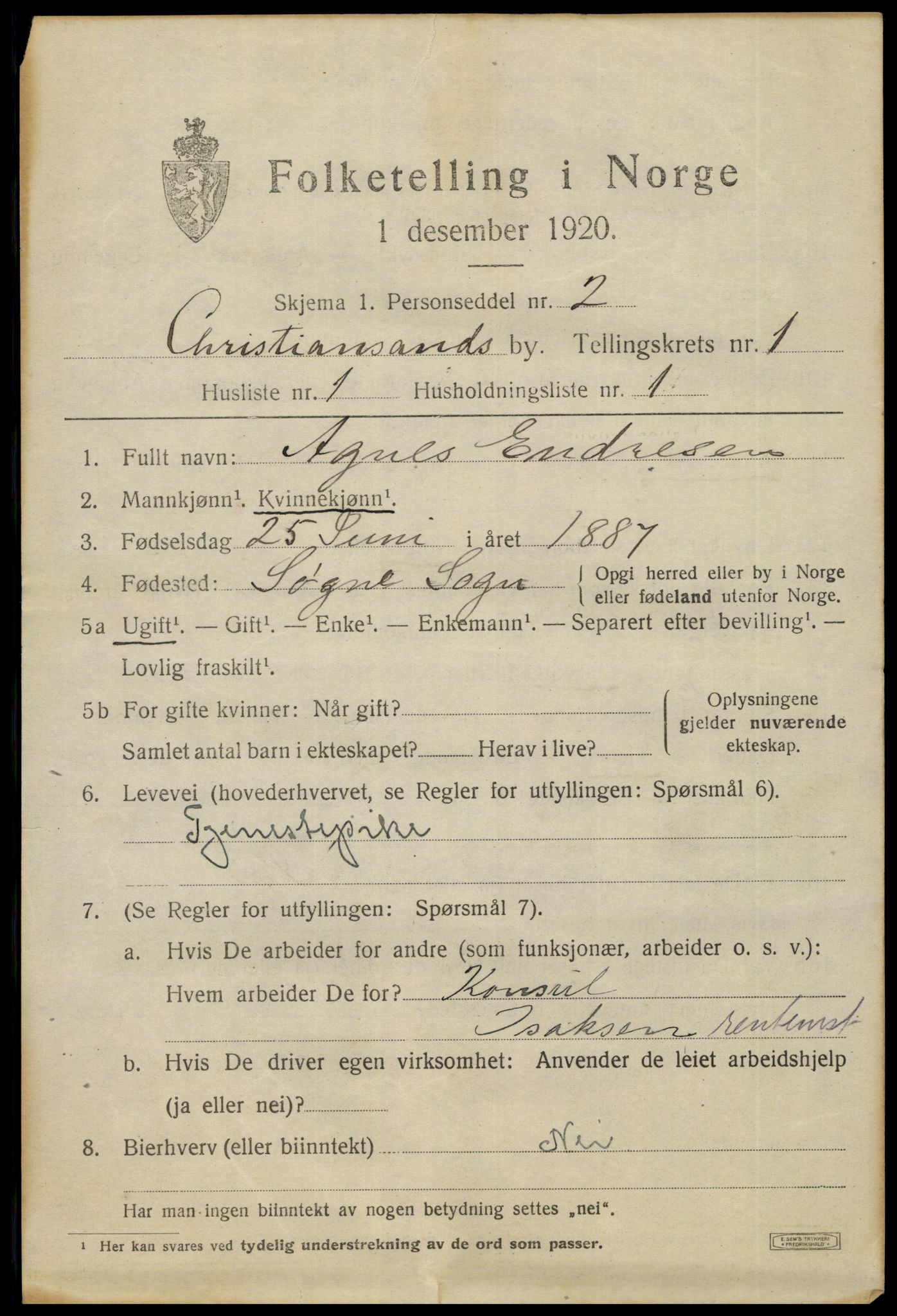 SAK, 1920 census for Kristiansand, 1920, p. 11119