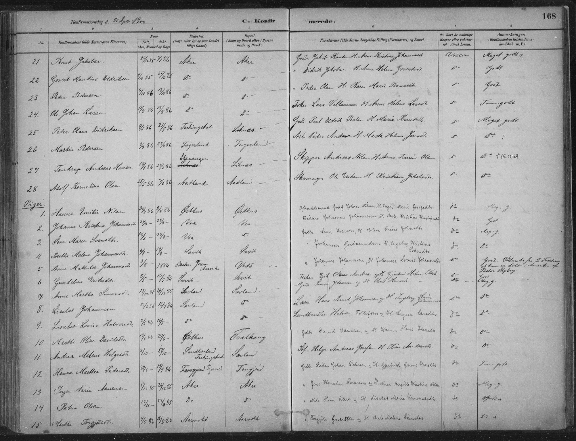 Kopervik sokneprestkontor, AV/SAST-A-101850/H/Ha/Haa/L0004: Parish register (official) no. A 4, 1882-1905, p. 168