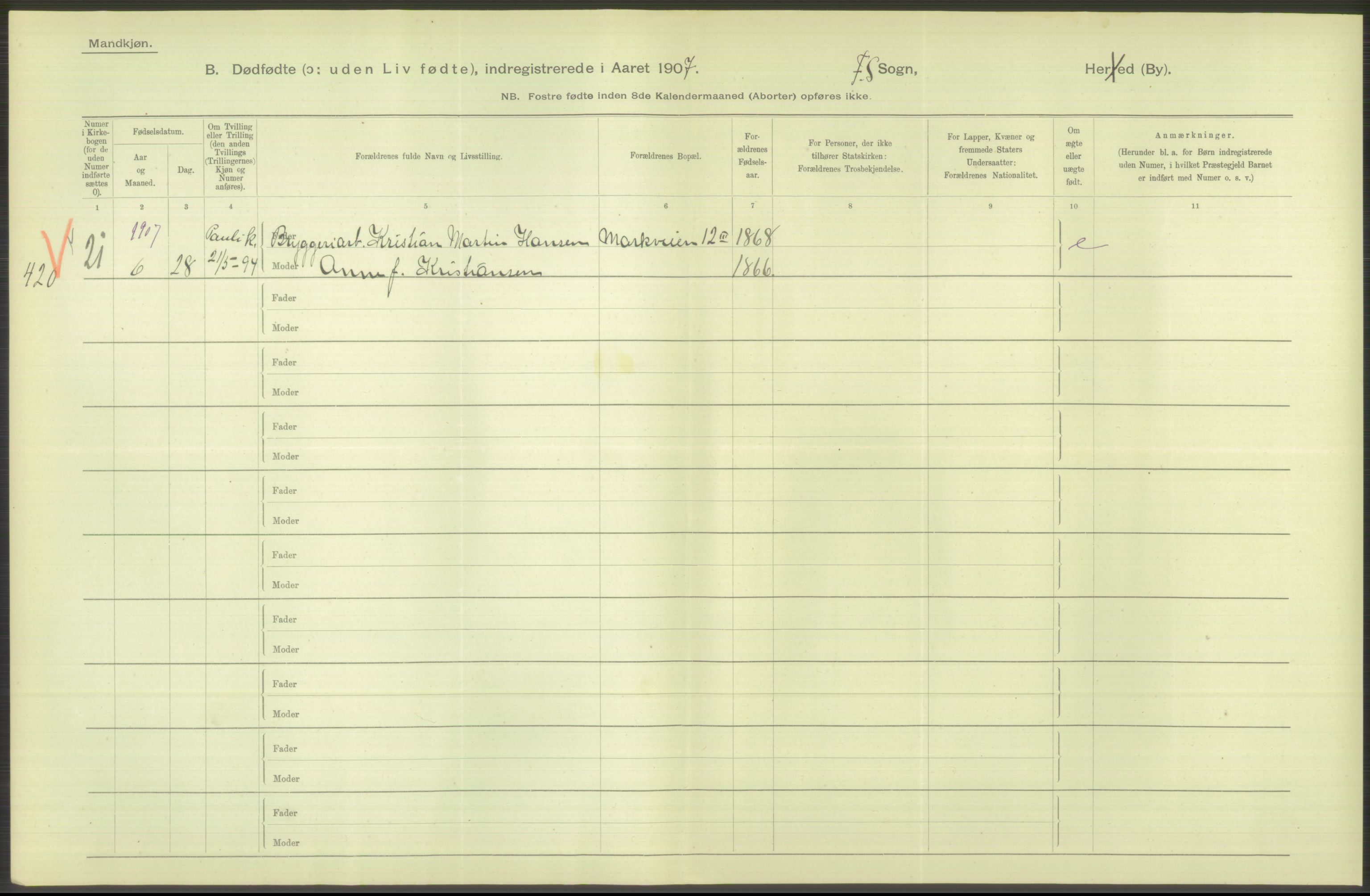 Statistisk sentralbyrå, Sosiodemografiske emner, Befolkning, AV/RA-S-2228/D/Df/Dfa/Dfae/L0010: Kristiania: Døde, dødfødte, 1907, p. 20