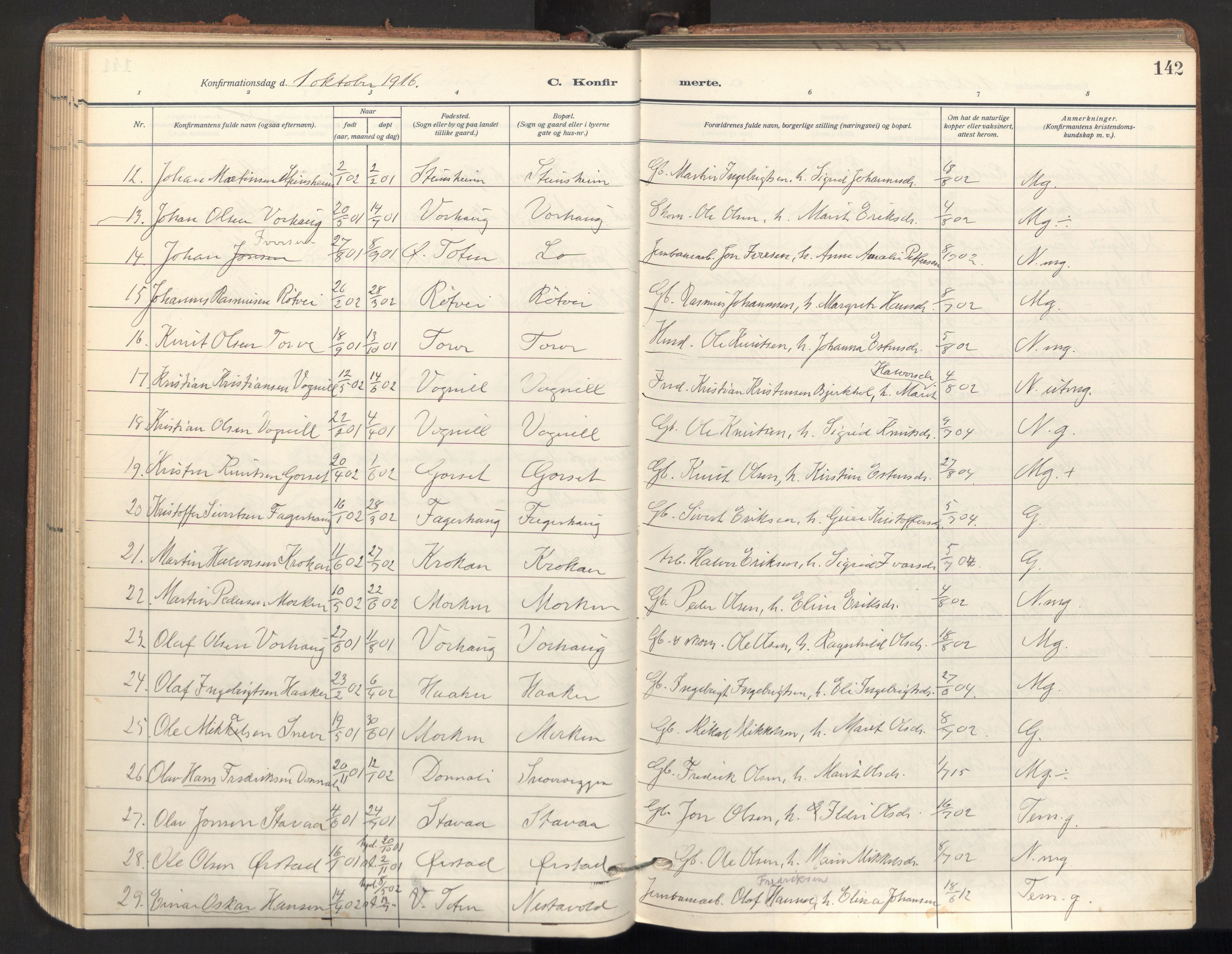 Ministerialprotokoller, klokkerbøker og fødselsregistre - Sør-Trøndelag, AV/SAT-A-1456/678/L0909: Parish register (official) no. 678A17, 1912-1930, p. 142