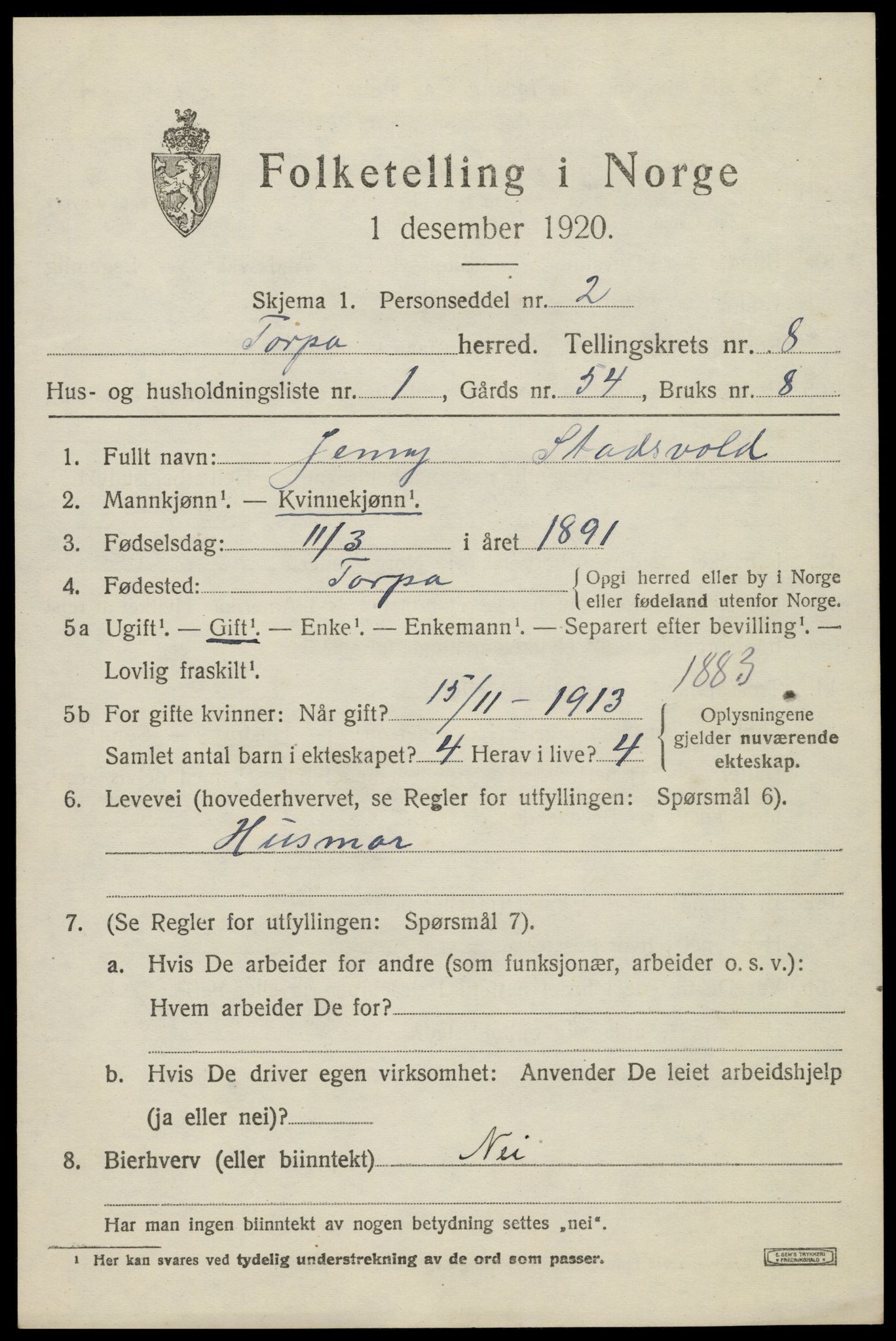 SAH, 1920 census for Torpa, 1920, p. 4623