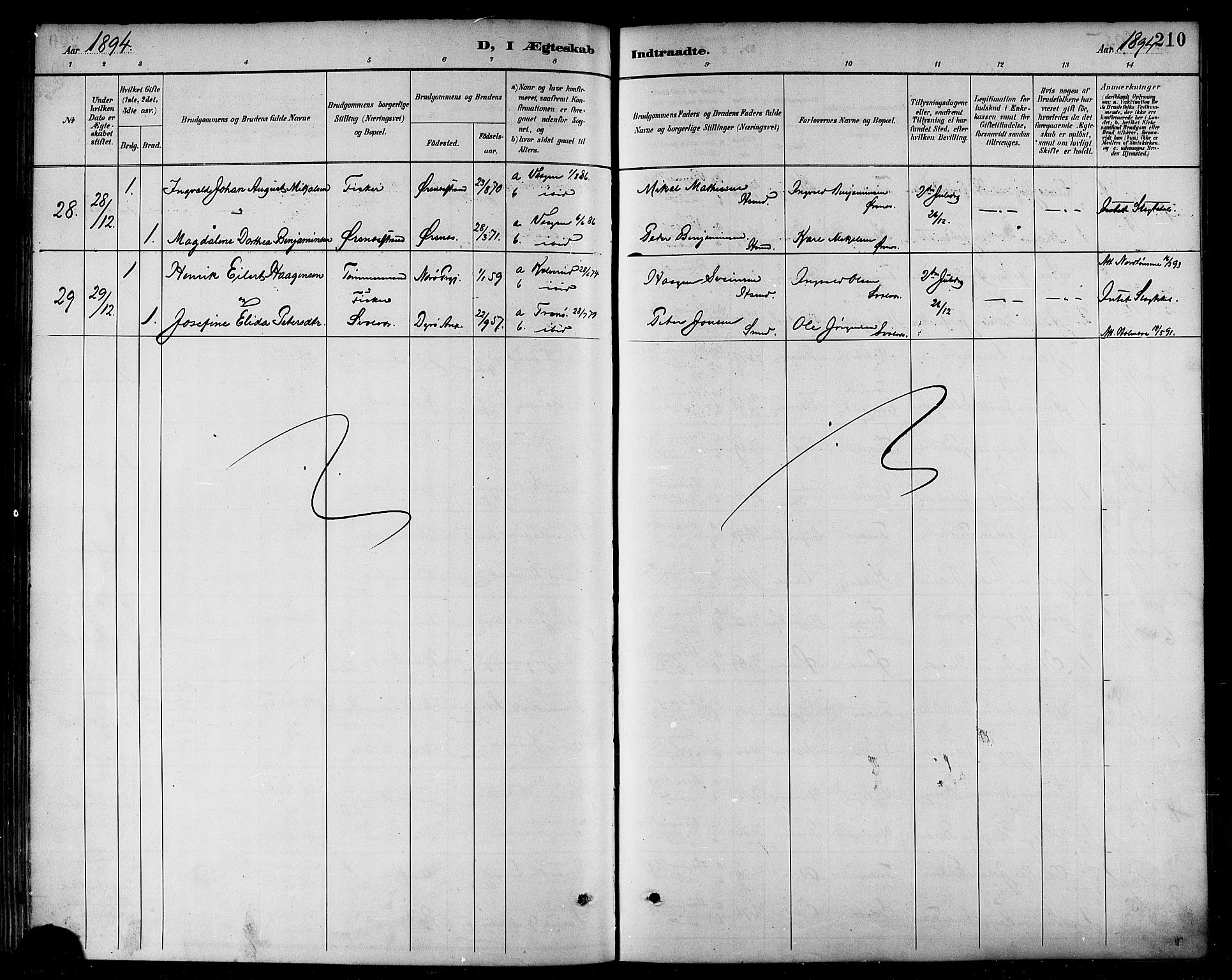 Ministerialprotokoller, klokkerbøker og fødselsregistre - Nordland, AV/SAT-A-1459/874/L1060: Parish register (official) no. 874A04, 1890-1899, p. 210