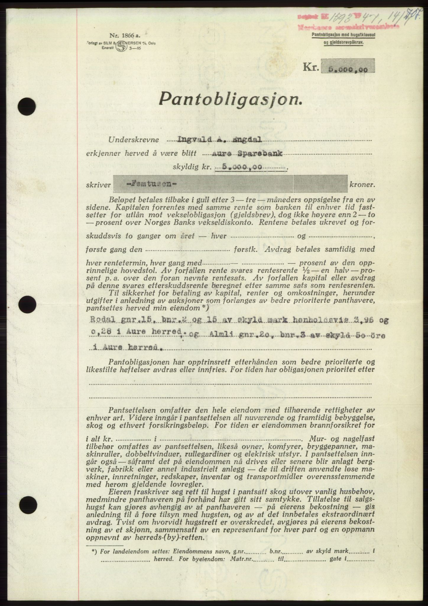 Nordmøre sorenskriveri, AV/SAT-A-4132/1/2/2Ca: Mortgage book no. B96, 1947-1947, Diary no: : 1593/1947