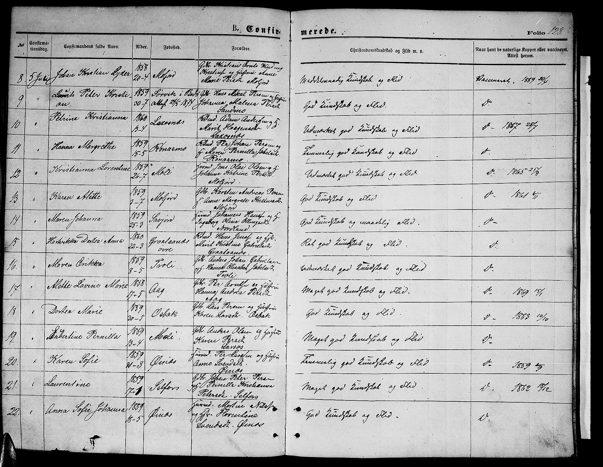 Ministerialprotokoller, klokkerbøker og fødselsregistre - Nordland, AV/SAT-A-1459/846/L0653: Parish register (copy) no. 846C03, 1872-1887, p. 128