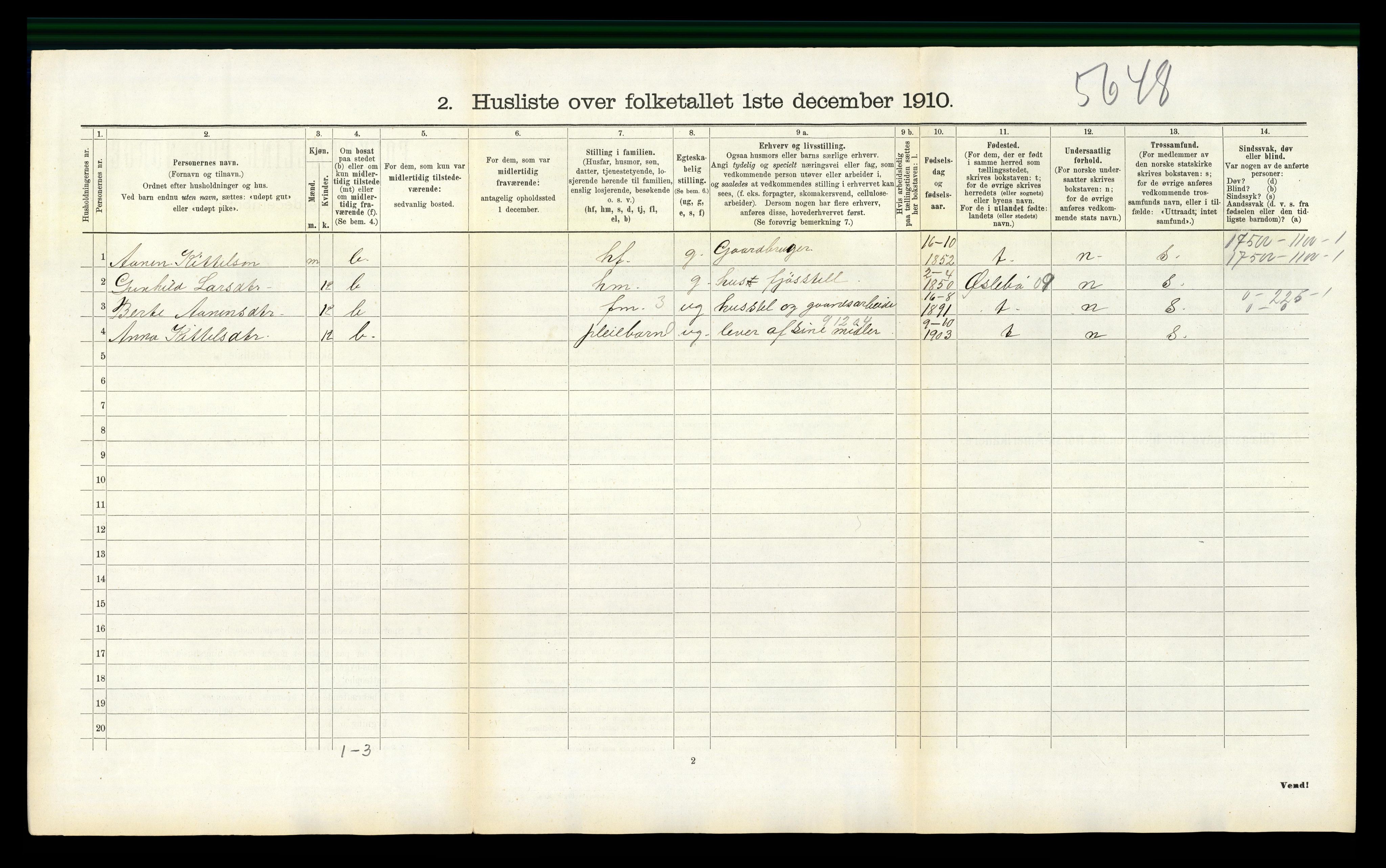 RA, 1910 census for Bjelland, 1910, p. 111