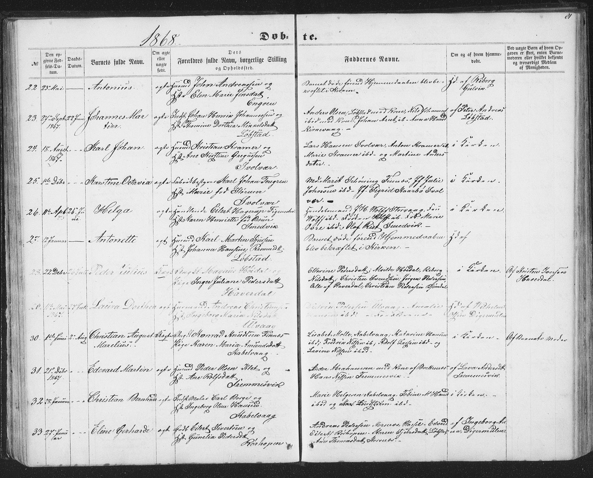 Ministerialprotokoller, klokkerbøker og fødselsregistre - Nordland, AV/SAT-A-1459/874/L1073: Parish register (copy) no. 874C02, 1860-1870, p. 81