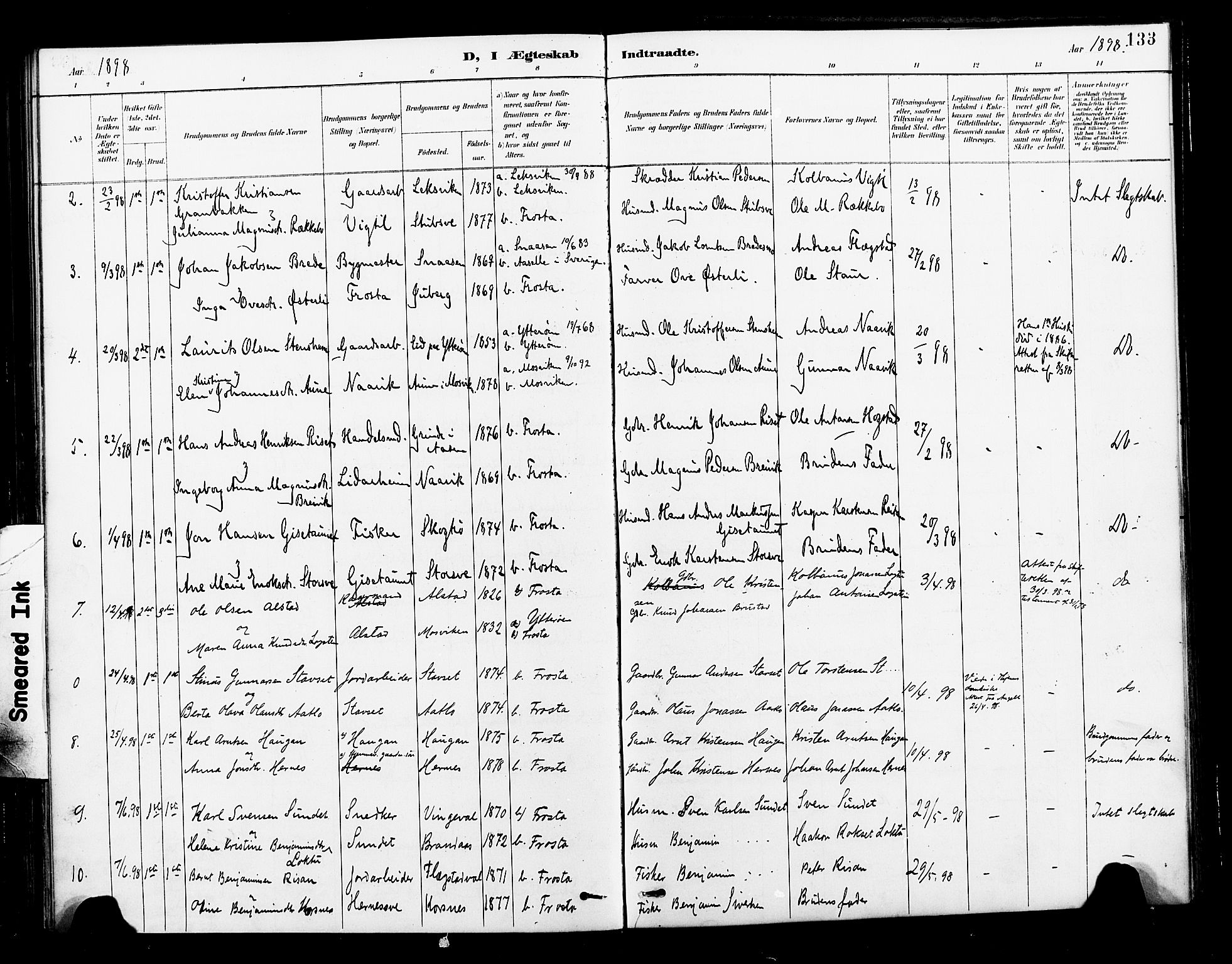 Ministerialprotokoller, klokkerbøker og fødselsregistre - Nord-Trøndelag, AV/SAT-A-1458/713/L0121: Parish register (official) no. 713A10, 1888-1898, p. 133