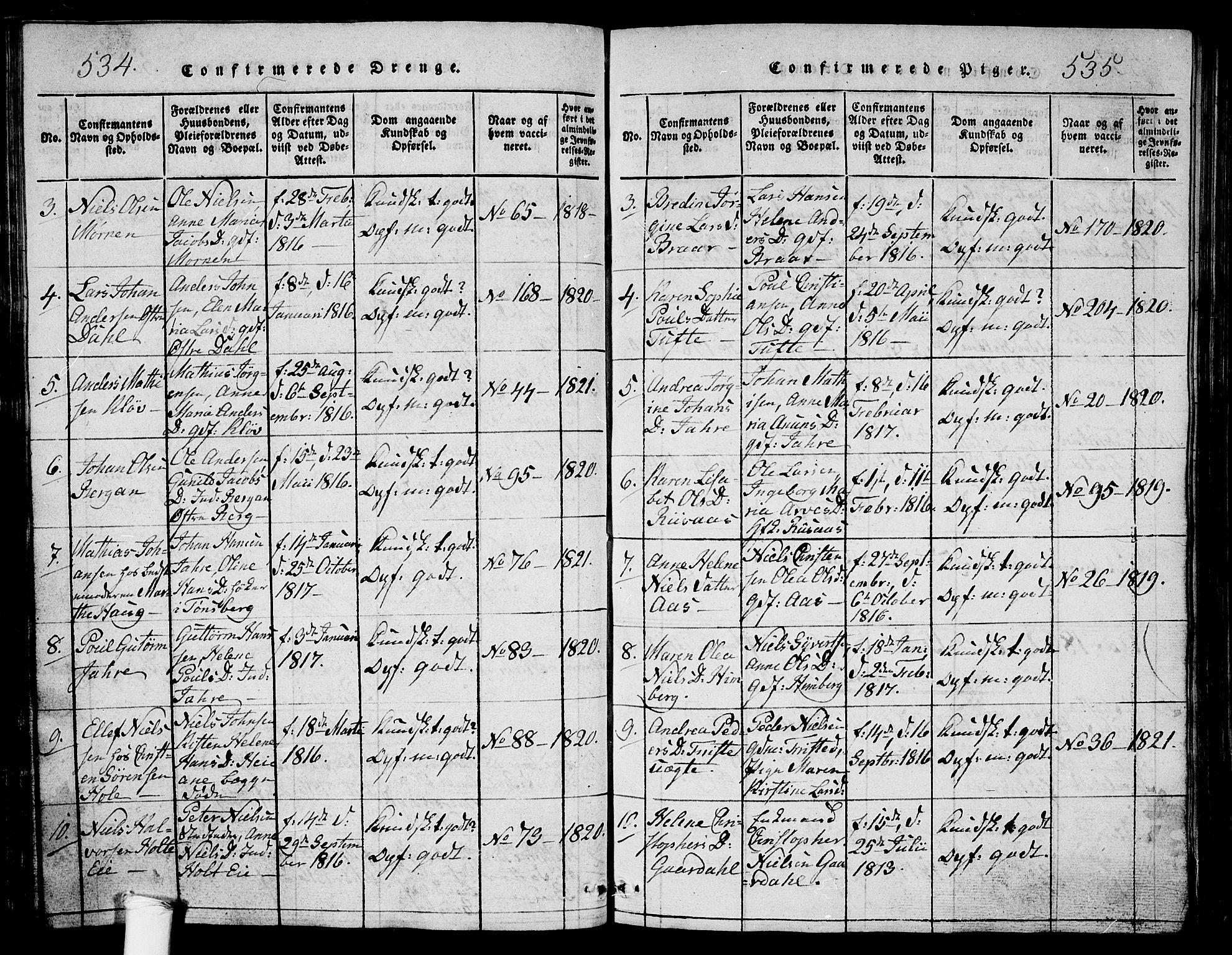 Ramnes kirkebøker, AV/SAKO-A-314/G/Ga/L0001: Parish register (copy) no. I 1, 1813-1847, p. 534-535