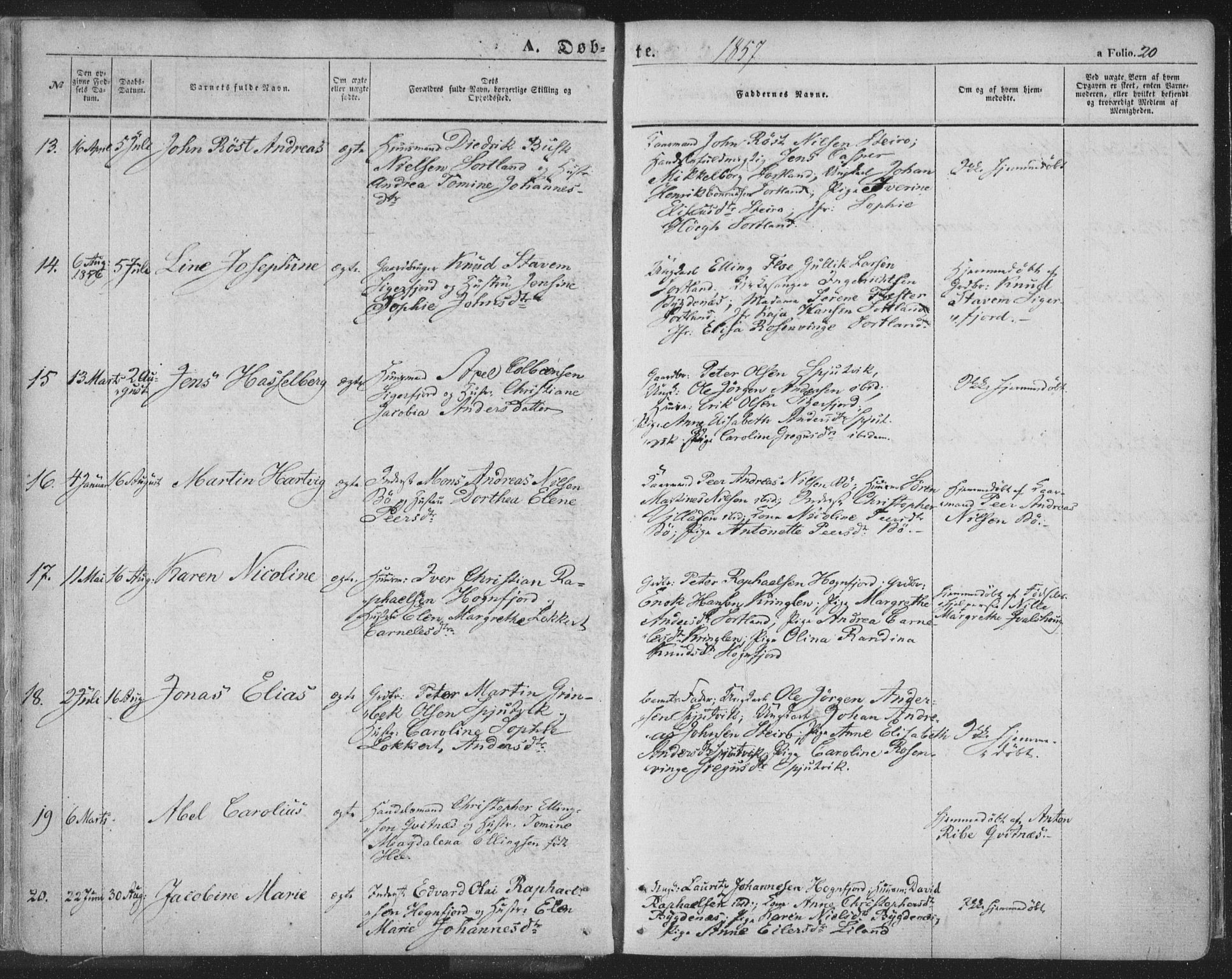 Ministerialprotokoller, klokkerbøker og fødselsregistre - Nordland, AV/SAT-A-1459/895/L1369: Parish register (official) no. 895A04, 1852-1872, p. 20