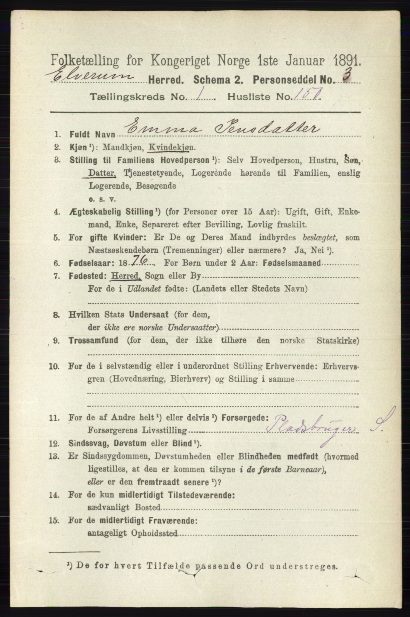 RA, 1891 census for 0427 Elverum, 1891, p. 1116