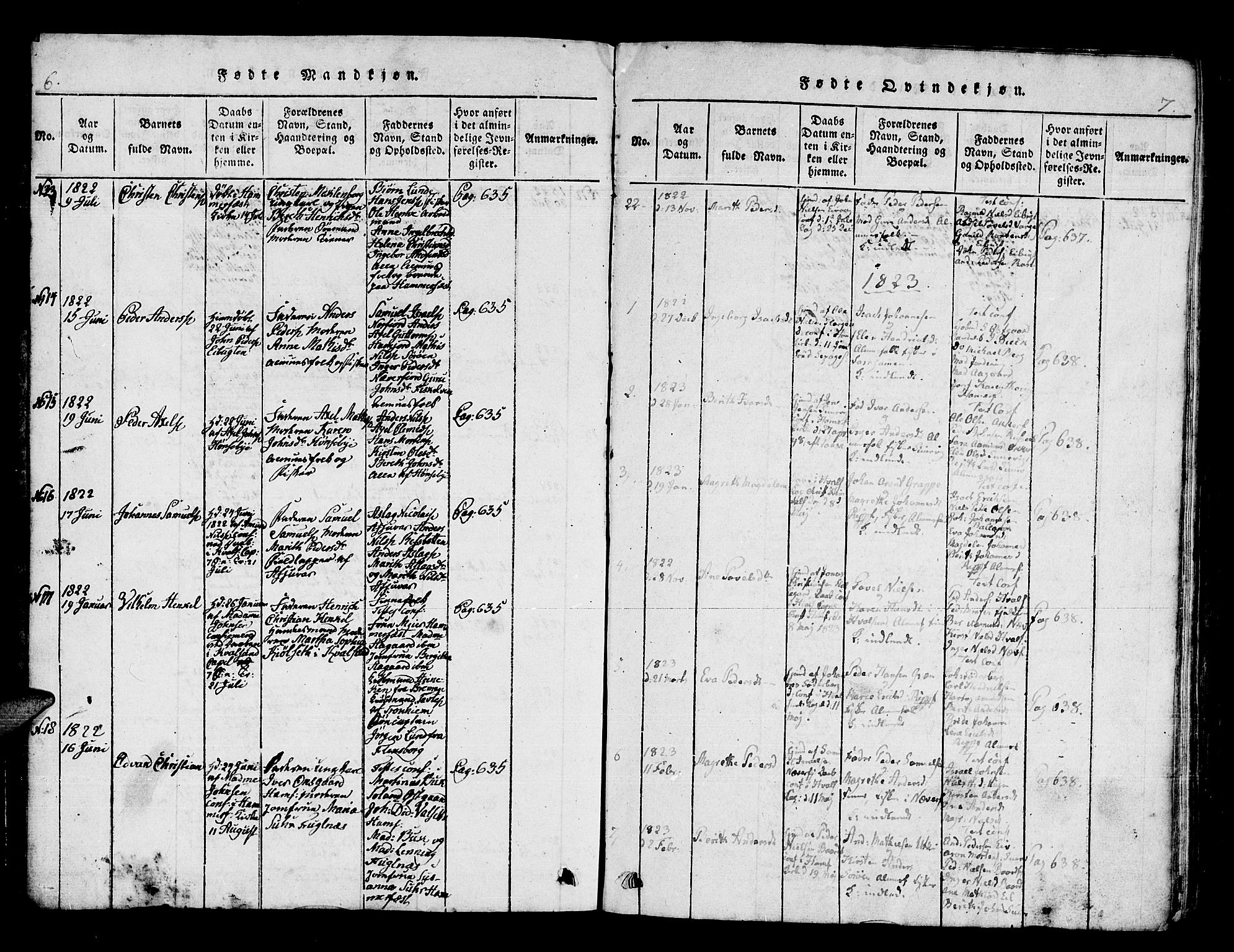 Hammerfest sokneprestkontor, AV/SATØ-S-1347/H/Hb/L0001.klokk: Parish register (copy) no. 1, 1822-1850, p. 6-7