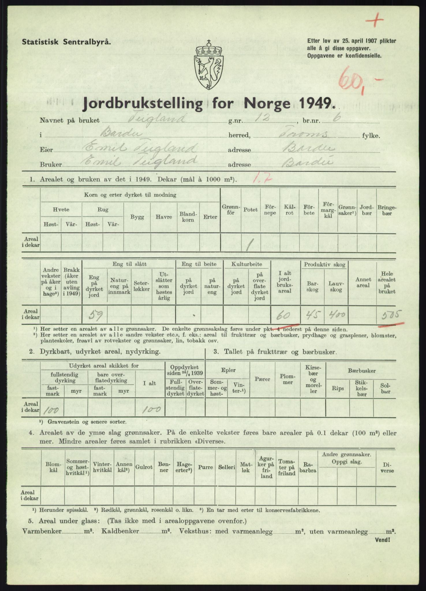 Statistisk sentralbyrå, Næringsøkonomiske emner, Jordbruk, skogbruk, jakt, fiske og fangst, AV/RA-S-2234/G/Gc/L0438: Troms: Salangen og Bardu, 1949, p. 1457
