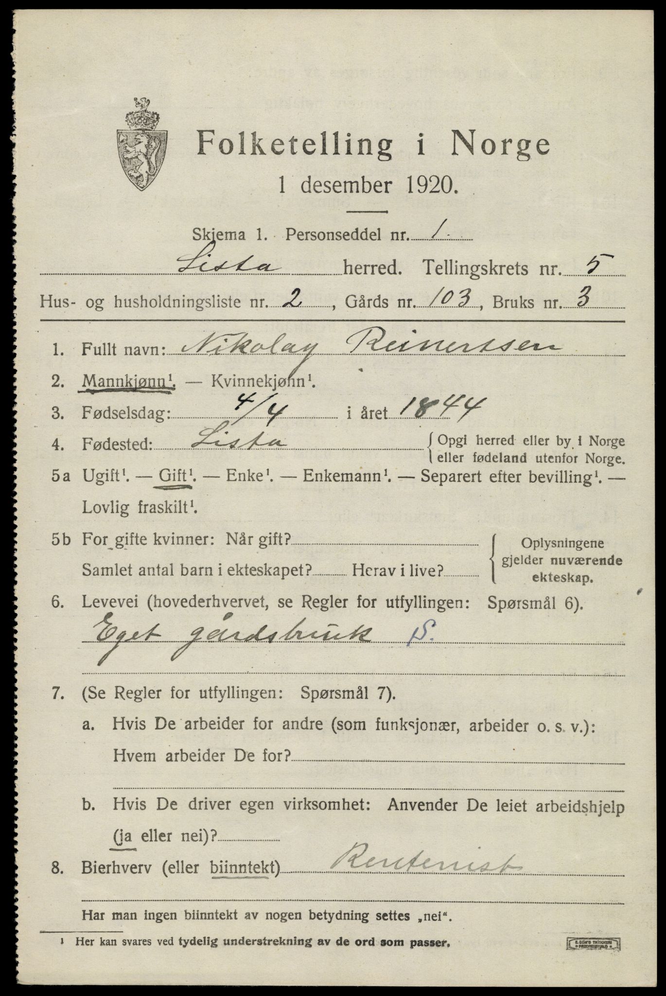 SAK, 1920 census for Lista, 1920, p. 5519